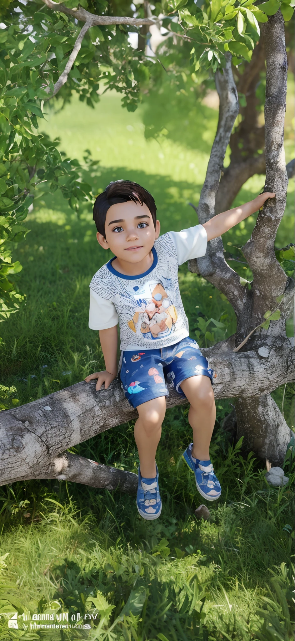 Personagem dos desenhos animados de um menino, cabelo preto e uma camisa branca, shorts azul, animation character, Sitting on a tree branch Stylized character, animation style rendering, 3D estilizado, Arnold Maya render, 3 d render stylized, toon render keyshot, Personagem 3D, Personagem 3D, 3d rendering stylized, 3 d character render, personagem de desenho animado, Personagem de close up, Pose de personagem,  (Estilo Pixar) (master part:1.2) (Bokeh) (best quality) (pele detalhada) (textura detalhada) (8k) (argila) (Cinematic lighting) (foco nítido