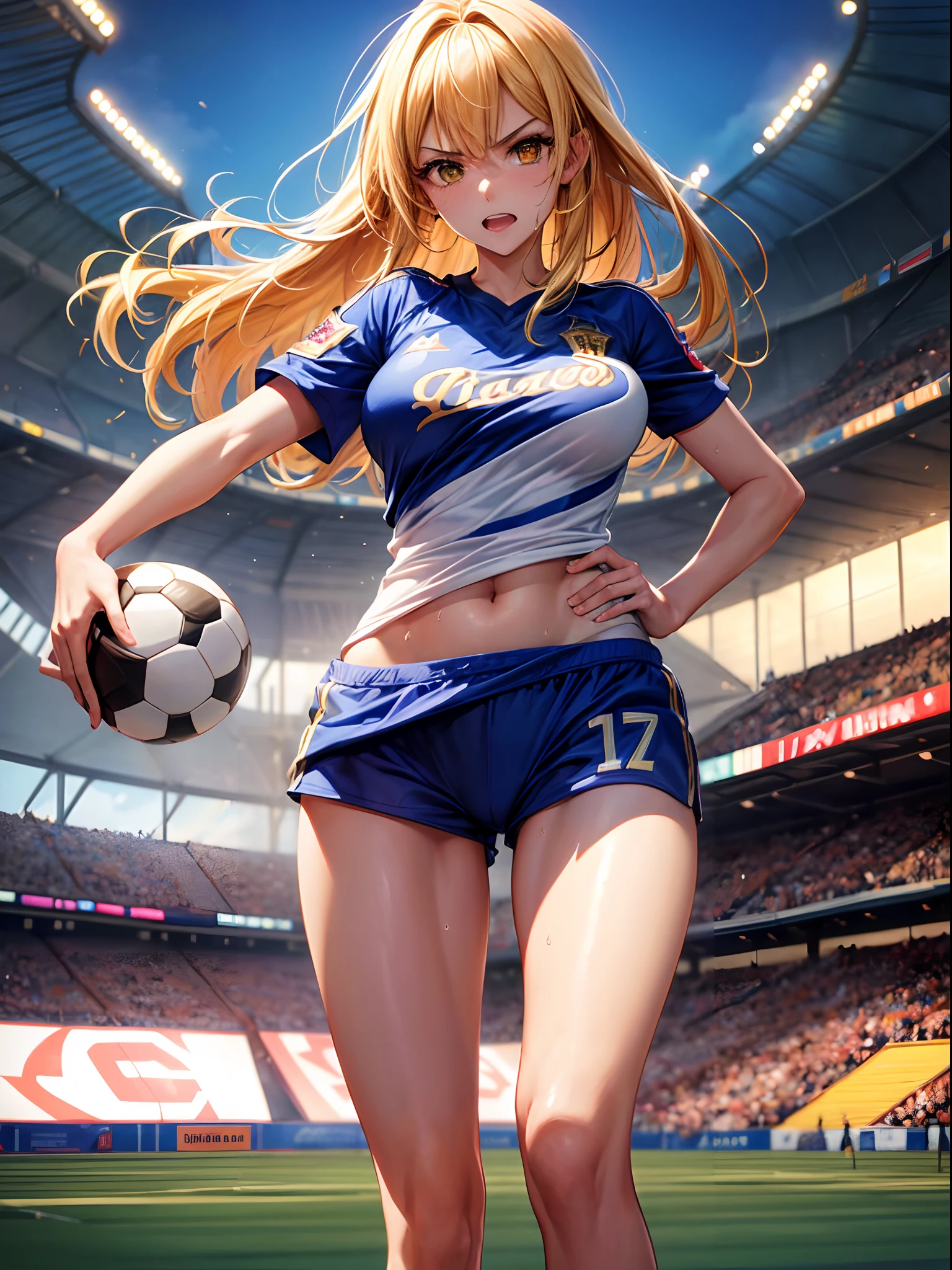 RAW image quality、8K picture quality、detailed CG images、(hight resolution, Best Quality, masutepiece:1.4), (1womanl :1.3), tall thin legs, Sparkly skin, narrow hips, Teeth on the skin, big breastes, (Woman in soccer shirt showing breasts:1.3), football shorts, Short shorts, Sweating Lots, (Above the football stadium:1.2), taut clothes, Angry look, Sprinting, Beautiful background,