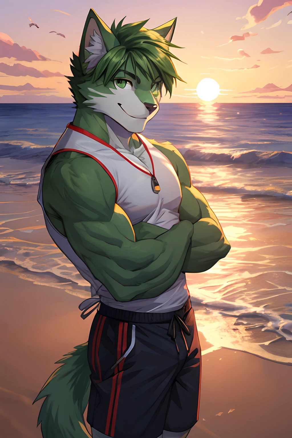 (Best Quality), 1Male, Adult, Anthropomorphic Green Feline Cat, Green Eyes, Green Furs, Green Medium Hair, Beach Outfit, Muscular Body, Short Pants, Good Looking, Smiling, Cool Pose, Sunset Background.