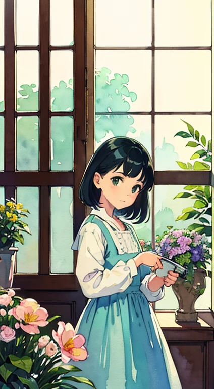 ((Watercolor in Sargent style))、(top-quality、masterpiece)、(David Hamilton Style)、(softfocus)、Soft light、The store sells green plants, The main entrance is glazed., The windows are made of glass, On the window shelves there are potted plants and flowers、One girl is tending to flowers、18year old、cute face、