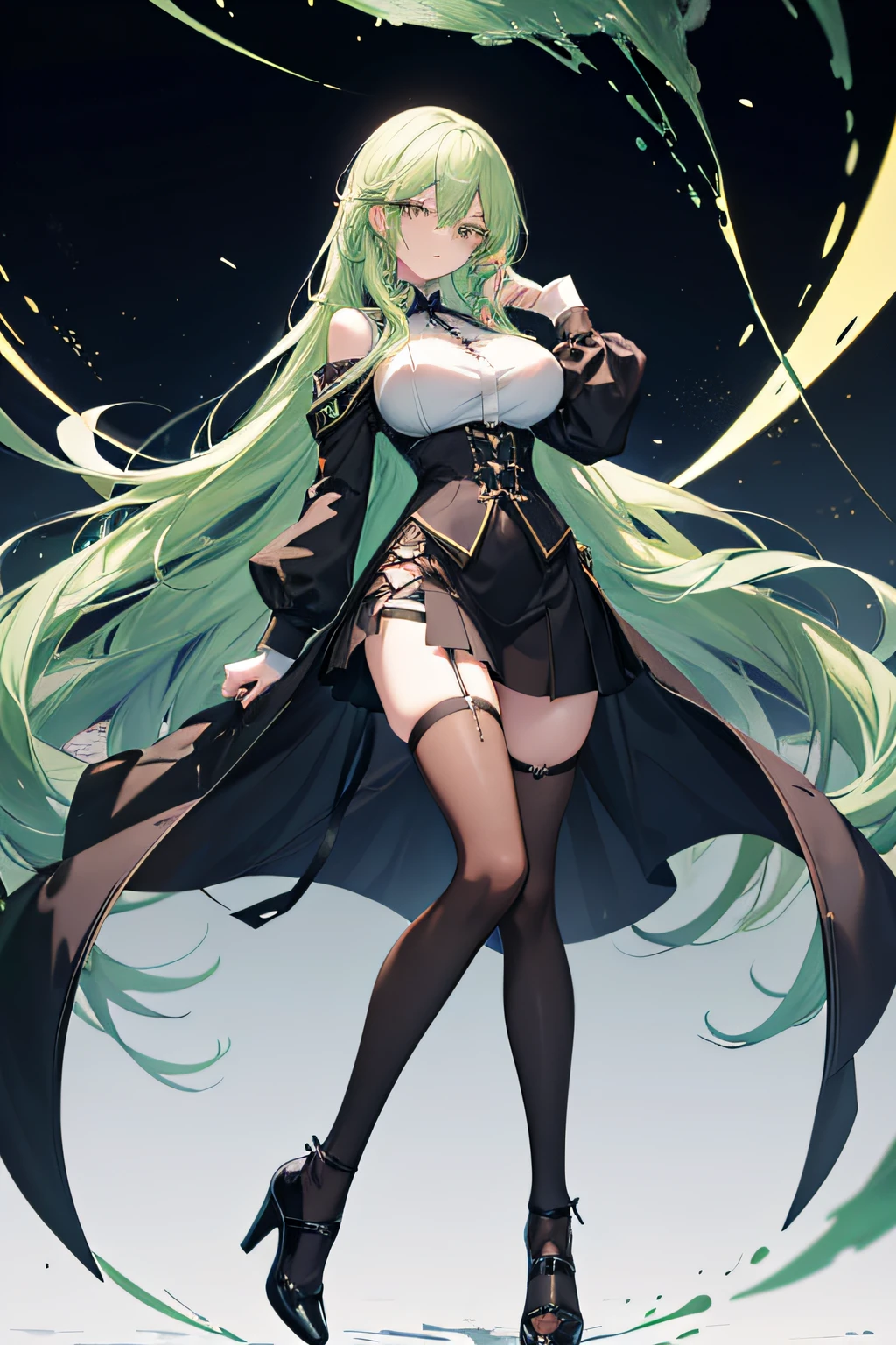 1girl, anime girl, green hair, very long hair, green eye, perfect body, evil smile, mature woman, long legs, big breasts, high quality, black heels, long black stockings, black skirt, masterpiece, slender body, dangerous woman, dominant woman, smart woman, white coat, goddess, 4k wallpaper, doctor girl, scientist girl