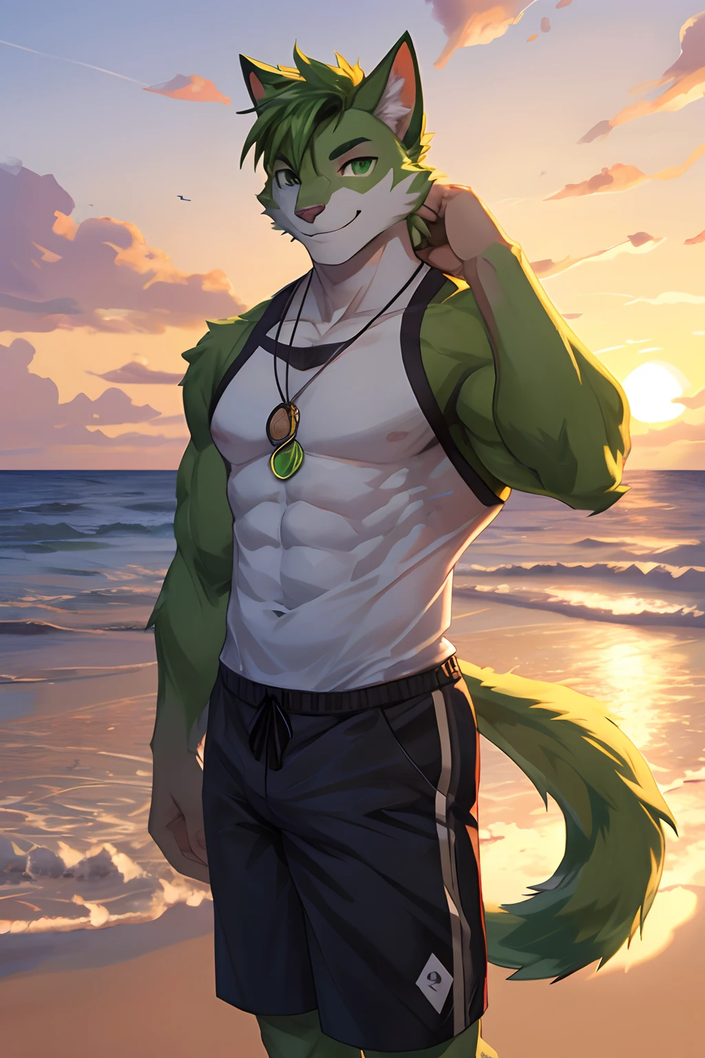 (Best Quality), 1Male, Adult, Anthropomorphic Green Feline Cat, Green Eyes, Green Furs, Green Medium Hair, Beach Outfit, Muscular Body, Short Pants, Good Looking, Smiling, Cool Pose, Sunset Background.