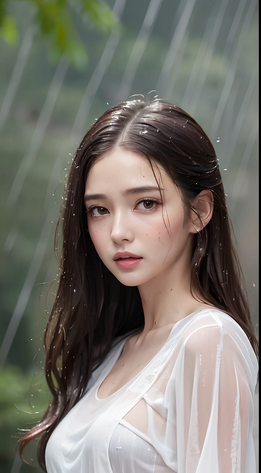 (Best quality, 4k, Masterpiece :1.3), pretty woman, 1girl, sexy :1.1, dark brown hair: 1.1, (rainy wet, wet from rain, wet body :1.2), white tank tops, ultra-detailed face, detailed lips, detailed eyes, double eyelid