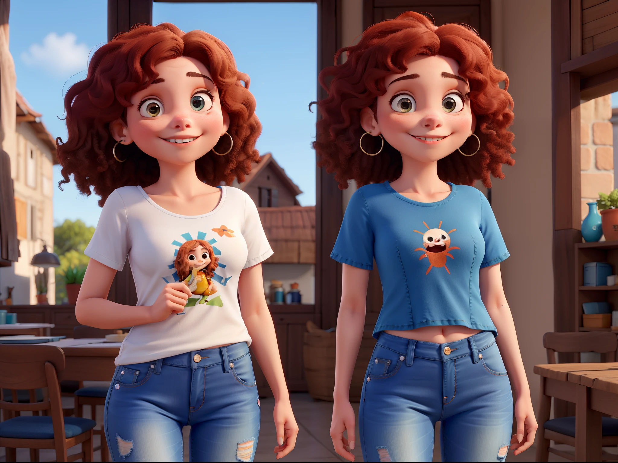 Menina de cabelo cacheado marrom curto com blusa vermelha e saia jeans azul