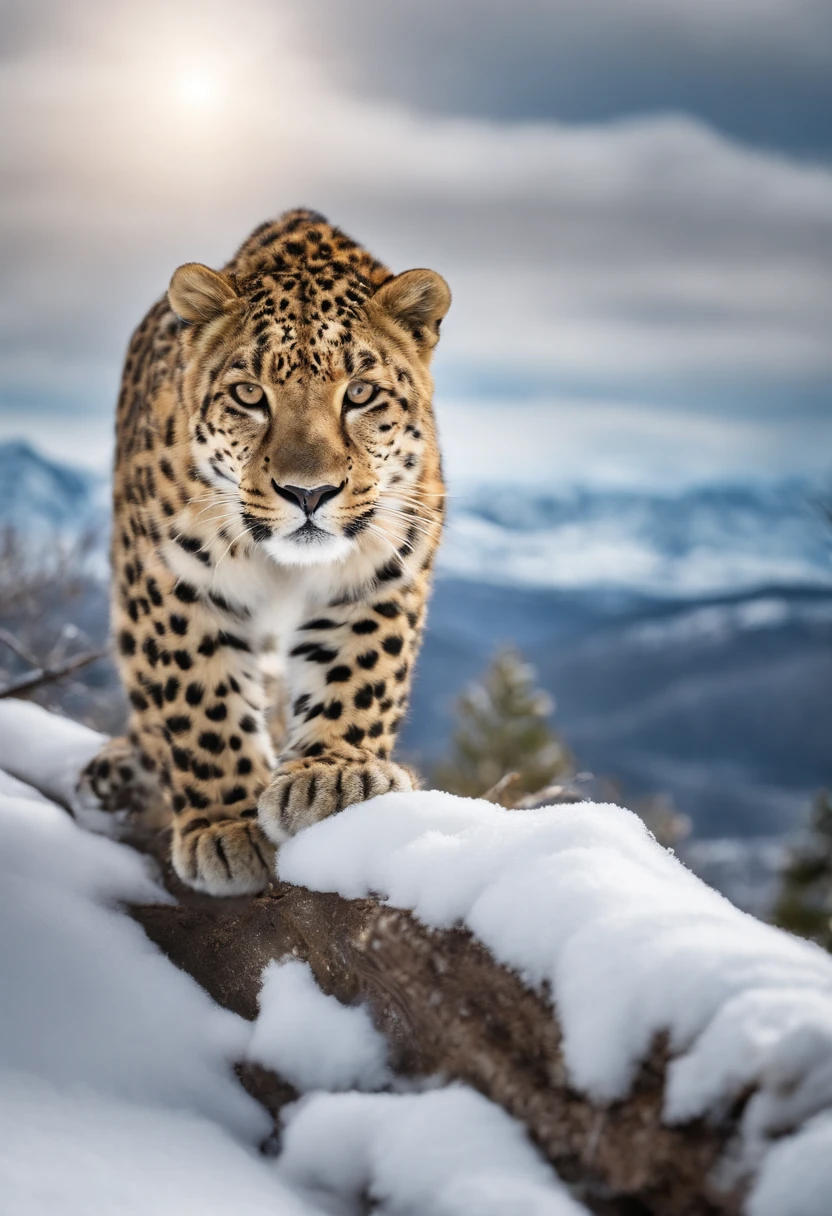 Scientific Research Journal Posters, Proteger a ecologia da Terra, Montanhas brancas cobertas de neve, Vistas para a natureza, Um pequeno leopardo branco bonito brinca na neve, flocos de neve caindo, Blue open sky, atmosphric perspective, mystic forest, ultrahigh-resolution, attention to detail