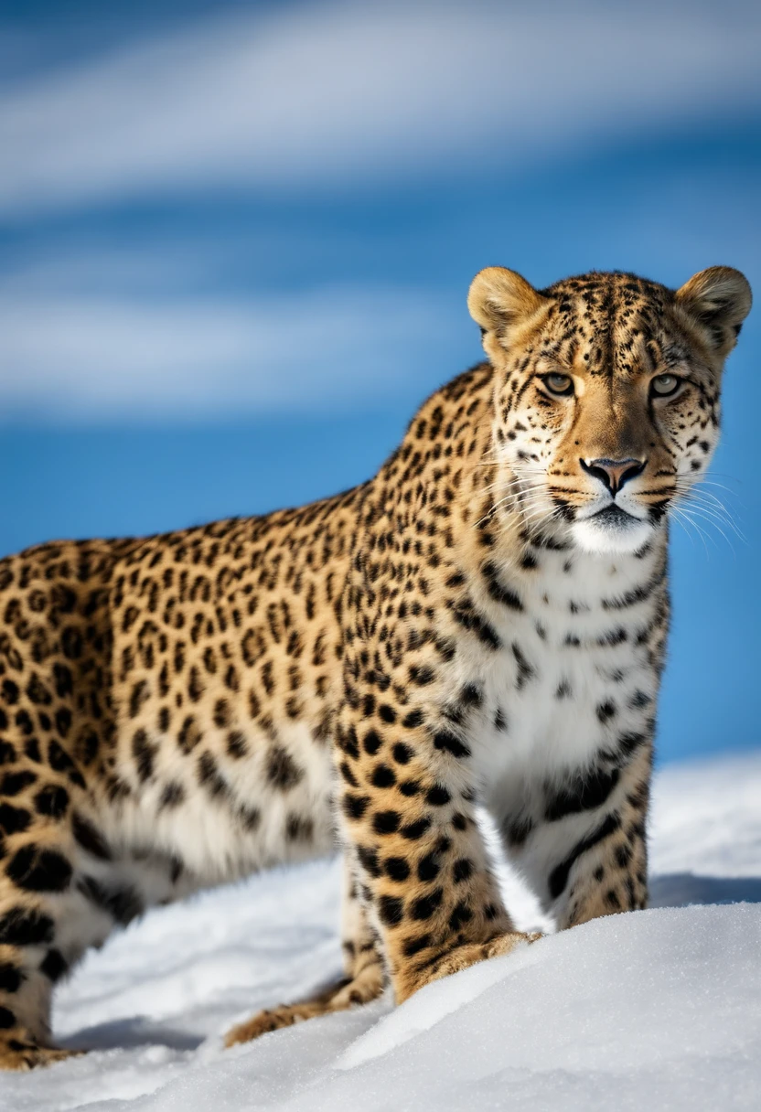 Scientific Research Journal Posters, Proteger a ecologia da Terra, Montanhas brancas cobertas de neve, Vistas para a natureza, Um pequeno leopardo branco bonito brinca na neve, flocos de neve caindo, Blue open sky, atmosphric perspective, mystic forest, ultrahigh-resolution, attention to detail