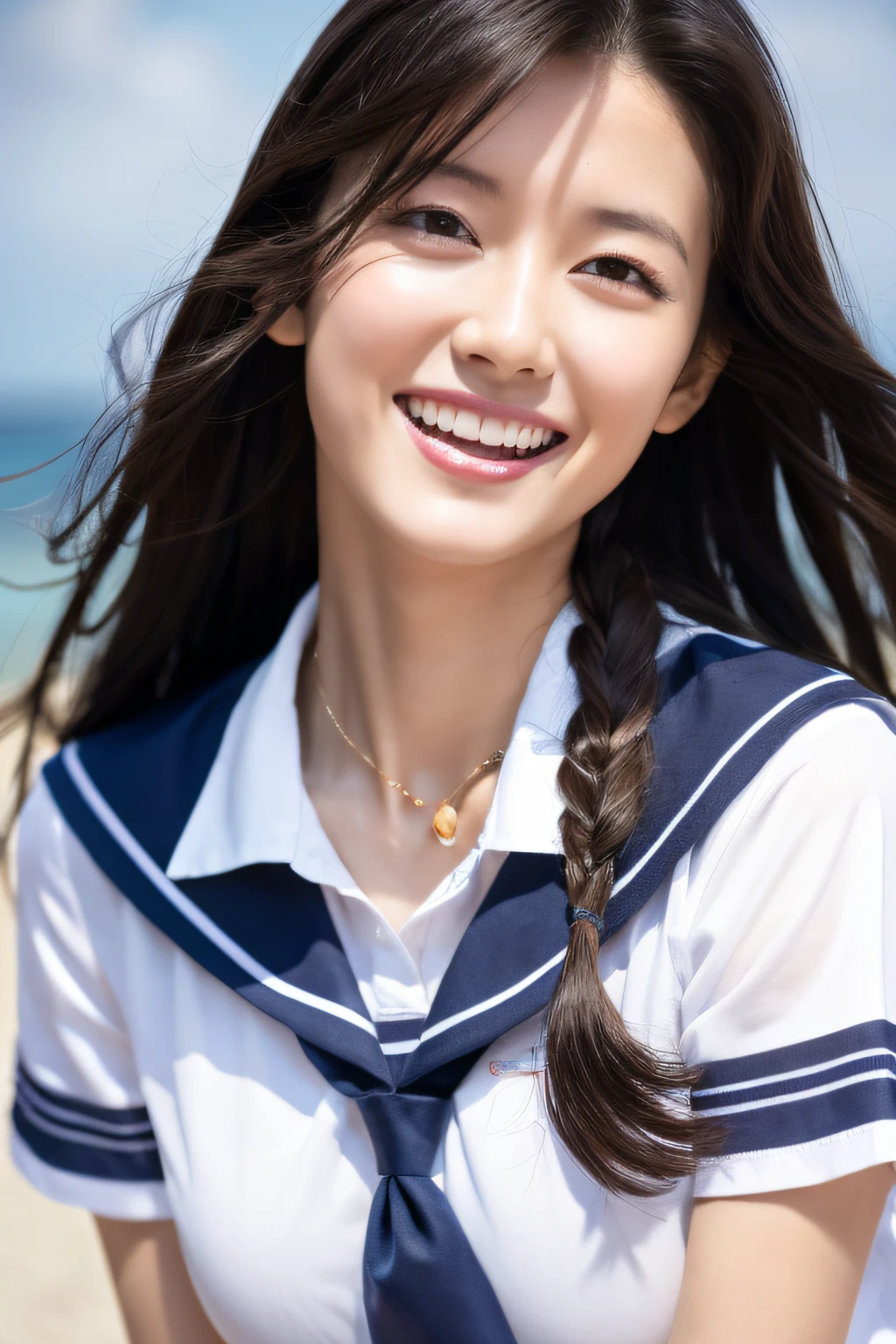 8K raw photo, Best quality, masterpiece, ultra high res, 3d, realistic, 1girl, asian, black_hair, black_sailor_collar, long_hair, nose, school_uniform, neckerchief, natural skin texture, light brown_eye, detailed eyes and face, lips, lipstick, smile, teeth, beautiful legs, enormous breasts, beautiful seaside location, (detailed background), plaid skirt, white shirt, enormous breast, blurry background, short sleeves