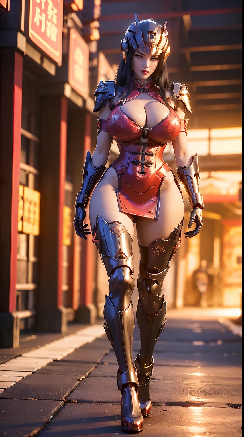 (1GIRL), (dark_hair), (phoenix mecha helmet:1.2), (BIG BUTTOCKS, HUGE Fake BOOBS:1.4), (PHOENIX MECHA GUARD ARM, GLOVES:1.3), (RED QIPAO DRESS, CLEAVAGE, BLACK MECHA, GUARD ARMOR LEGS, HIGH HEELS:1.4), (NSFW MUSCULAR BODY, SEXY LONG LEGS, FULL BODY:1.3), (MUSCLE ABS:1.2), (LOOKING AT VIEWER:1.2), (WALKING DOWN HALLWAY OF FUTURISTIC SPACE STATION, BRIGHT LIGHTING:1), PHYSICALLY-BASED RENDERING, ULTRA HIGHT DEFINITION, 16K, 1080P.