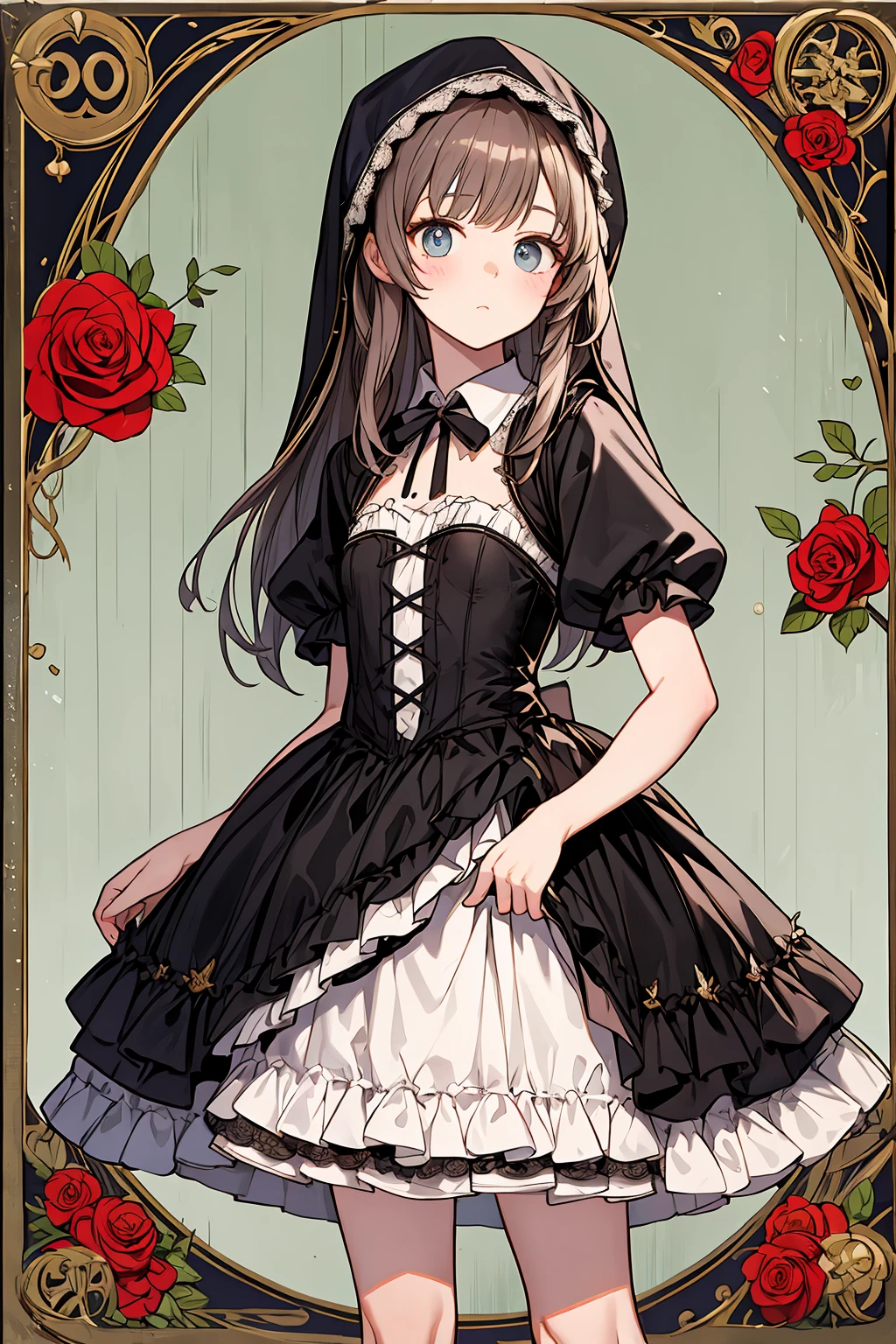 8K、best quality face、Top quality eyes、cowboy shot、Born into a world-famous family、It's the presence of a 。She has an enduring elegance and innocence.、Its excellence is、It is a gothic loli fashion where you can see the noble boobs、In the work of the artist of hyperrealism、Every detail of her is lovingly drawn。 Her attire is、In pure white and black dresses、The essence of Gothic Lolita fashion is determined。Realistic reproduction of velvet and silk textures、High-quality lace and ribbons stand out、The entire dress is embroidered with roses.、All of it emphasizes her innocence、 He has a black hood on his head、Its outline is studded with small pearls、Elegant décor、Depicted with her innocence、The innocent eyes of、Captivating the viewer,、Capture your heart with that glance、It has the power to keep you moving forward、Pure charm comes to the fore、It's the best masterpiece I've ever made、The nipple is visible、showing nipple、Detailed nipple depiction、High quality 、Girl showing off her clothes、Showing、flat chest、slender、young body、Beautiful detailed