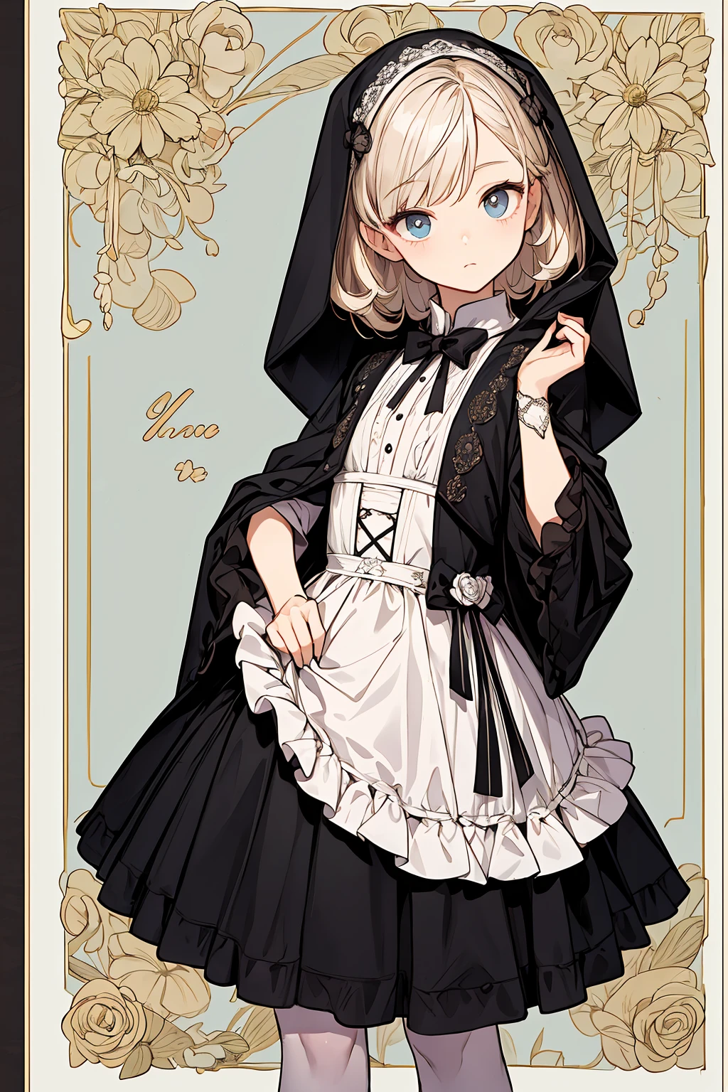 8K、best quality face、Top quality eyes、cowboy  shot、Born into a world-famous family、It's the presence of a little girl。She has an enduring elegance and innocence.、Its excellence is、It is a gothic loli fashion where you can see the noble boobs、In the work of the artist of hyperrealism、Every detail of her is lovingly drawn。 Her attire is、In pure white and black dresses、The essence of Gothic Lolita fashion is determined。Realistic reproduction of velvet and silk textures、High-quality lace and ribbons stand out、The entire dress is embroidered with roses.、All of it emphasizes her innocence、 He has a black hood on his head、Its outline is studded with small pearls、Elegant décor、Depicted with her innocence、The innocent eyes of、Captivating the viewer,、Capture your heart with that glance、It has the power to keep you moving forward、Pure charm comes to the fore、It's the best masterpiece I've ever made、The nipple is visible、showing nipple、Detailed nipple depiction、High quality 、Girl showing off her clothes、Showing、flat chest、slender、young body、Beautiful detailed