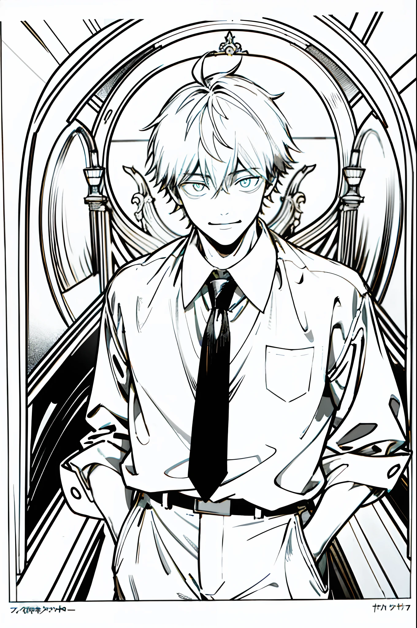 masterpiece, high quality, best quality, ultra detailed, 1boy, solo, denji, smirk, long sleeve shirt, black pants, black necktie, high resolution, ultra detailed, realistic shadow, bright eyes, dark environment, lineart, monochrome