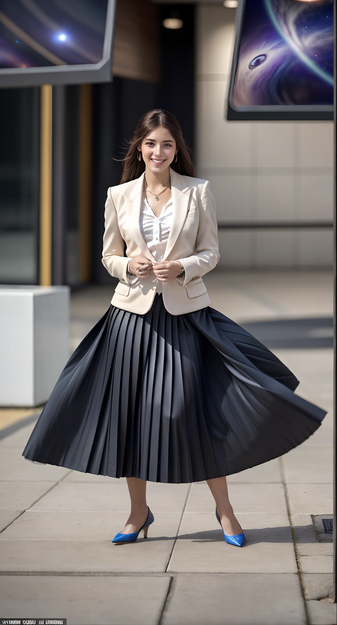 (shy:1,6) (smiling;1,1) flirty girly girl playing with skirt, dancing, wearing short blazer and very very detailed (long (fully pleated) full circle skirt) and (simple) low heeled office shoes, very very intricate hyper-detailed symmetric (attractive graceful young feminine face) with (sad, tired eyes and a shy smile), large breasts, full of empathy and compassion and love, (pronounced (feminine) features), (highly detailed ultra accurate realistic) hands and fingers, (windy conditions and wind blowing), epic composition, highly detailed attributes, highly detailed space station background, (35mm f1.4 Kodak portra 400 photograph), extremely high quality RAW photograph,