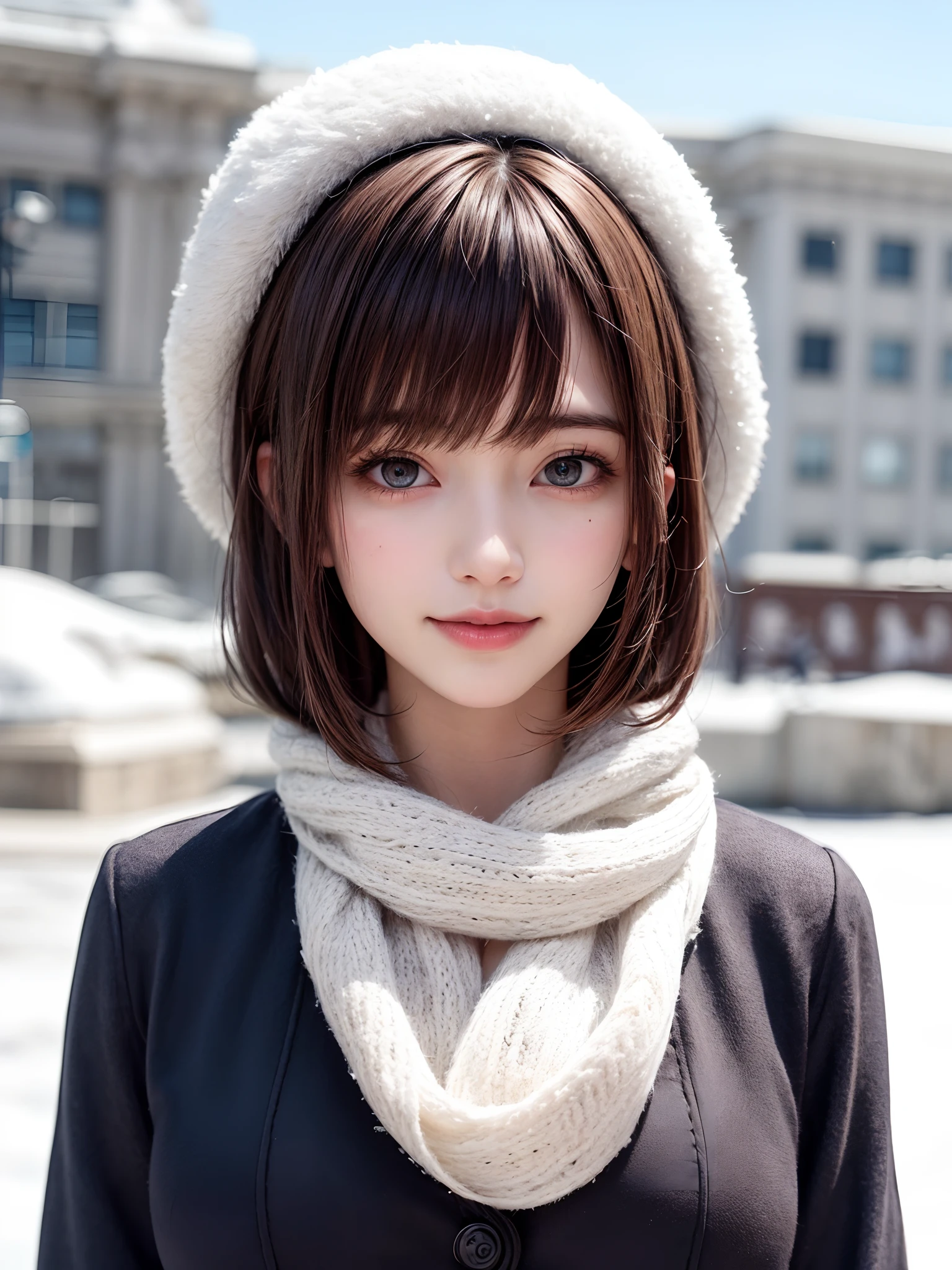 (masterpiece, top-quality),1girl in, 独奏, A dark-haired, scarf, Hats, realisitic, realisitic, looking at the viewers, black eyes of light color, Brunette Short Bob Hair, Brown coat, Winter clothes, White headscarf, s lips, bangss, plein air, a closed mouth, The upper part of the body、big eye、Lashes、((Beautiful landscape of sparkling snow))、(((Shorthair with bangs、big eye、large full breasts、gazing at viewer、Beautiful beauty、Put your ears out、long neck、little smiling、Close your mouth and smile)))、