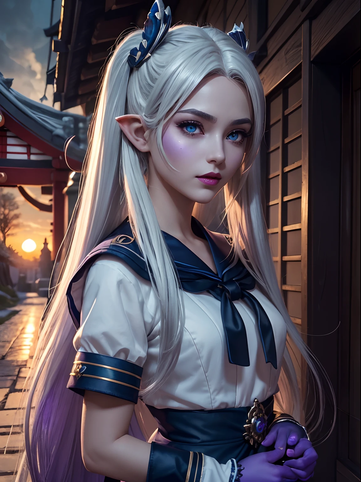 Modelshoot style, (extremely detailed CG unity 8k wallpaper) full body black and white photo of the most beautiful woman in the world, (extreme close up:1. 1), high saturation, beautiful dark elven woman walking down dark alley, (blush) ((walking)), (world of warcraft night elf), (cosplay wig), (detailed purple skin:1.3), (long twintail hair), sidelocks, (middlepart hair), (medium silver hair:1. 3), (light green eyes:1. 2), blonde eyebrows, ((detailed symmetrical face)), (pretty face), dark eyeshadow reflective eyes, makeup, (red lipstick), (white sclera), rim lighting, dramatic lighting, chiaroscuro, ((white and blue japanese schoolgirl sailor uniform)), (thighs:1. 3), thigh high boots, short sleeves, (golden jewelry), white trees, (eversong forest), (falling leaves), small cleavage, small breasts,(sunset), white clouds, Intricate, High Detail, dramatic, blue evening gloves, fantasy world,