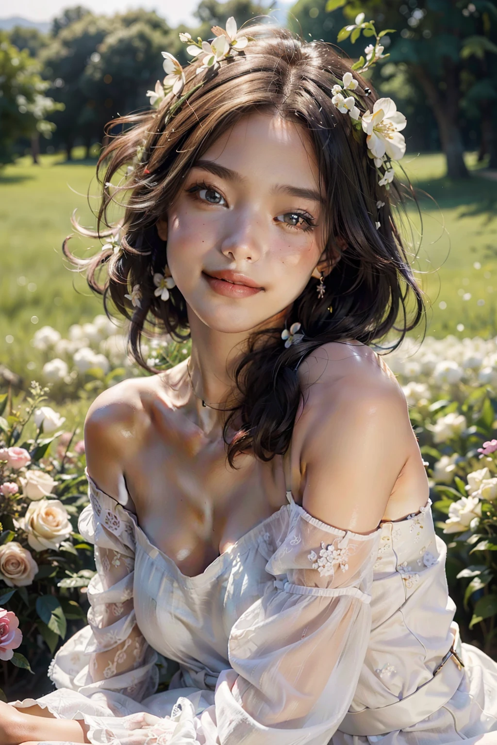 Best quality, masterpiece, ultra high res, (photorealistic:1.4), raw photo, 1girl, transparent dress, off shoulder, blossom flower field, glowing skin, light smile, nsfw
