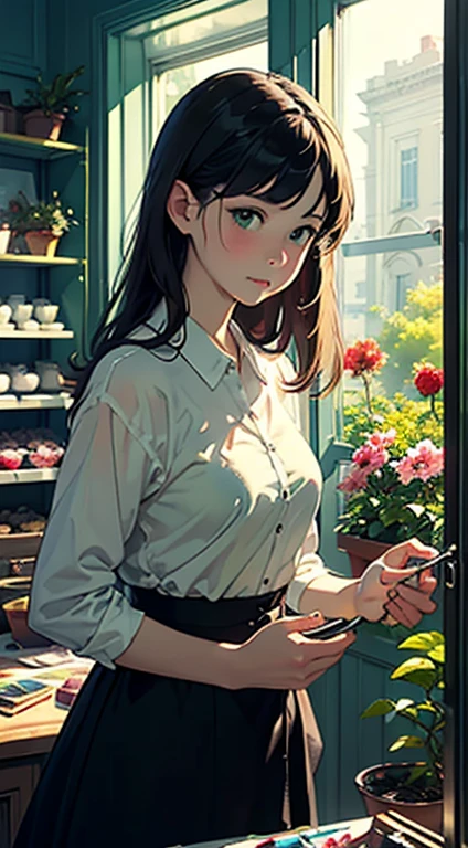 ((Watercolor in Sargent style))、(top-quality、​masterpiece)、(David Hamilton Style)、(softfocus)、Soft light、The store sells green plants, The main entrance is glazed., The windows are made of glass, On the window shelves there are potted plants and flowers、One woman is taking care of a flower、20yr old、cute  face、