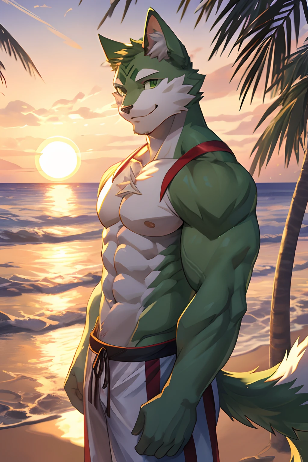 tmasterpiece, Anthropomorphic red dragon, There is a pair of beautiful dragon horns, eBlue eyes, red dragon scales, 1 tail, Very muscular body, goodlooking, beachwear, Smiling, sunset view