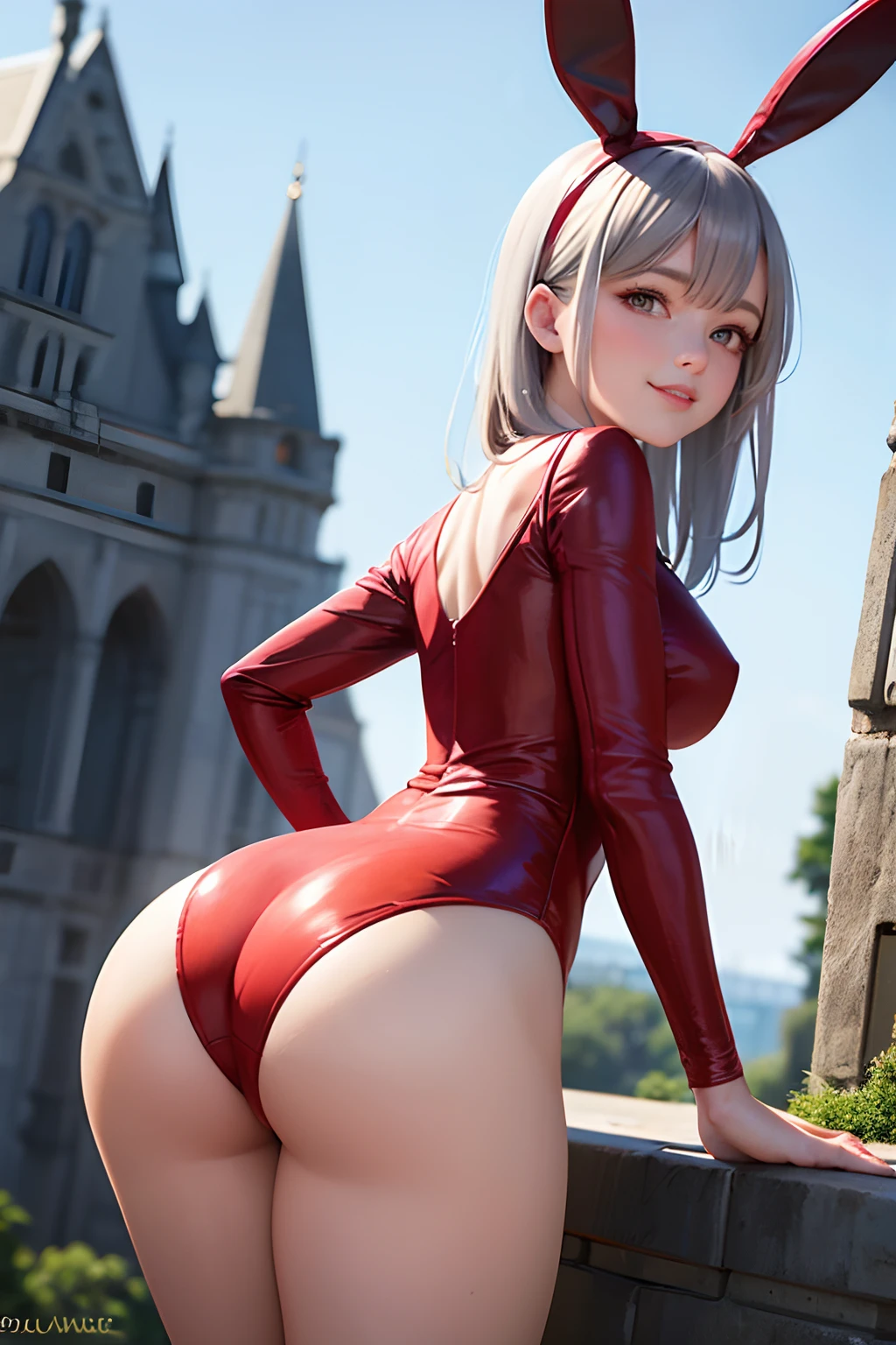 Meisterwerk, (realistisch), high-res, hochdetailliert, kompliziert, Beautiful women, rote Haare, blaue Augen, Sommersprossen, detailliertes Gesicht, red bunny suit, from behind, looking at viewer, showing ass, smile, bending over, bunny ears