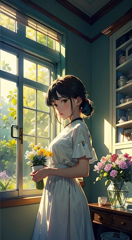 ((Watercolor in Sargent style))、(top-quality、masterpiece)、(David Hamilton Style)、(softfocus)、Soft light、The store sells green plants, The main entrance is glazed., The windows are made of glass, On the window shelves there are potted plants and flowers、One woman is taking care of a flower、25-years old、美丽的面容、