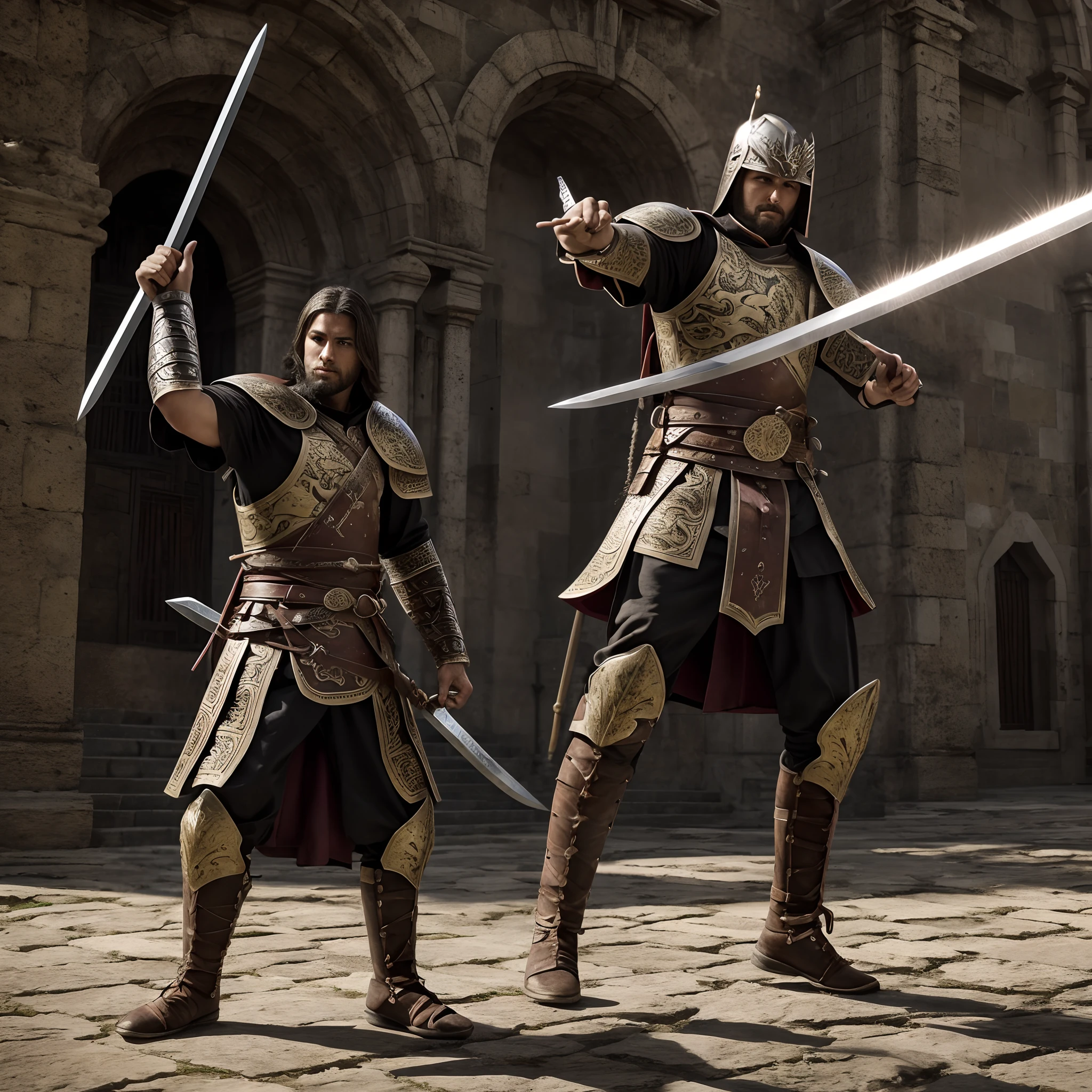 Epic Young Warrior, pisando Dragon muerto, manos levantadas, victorioso, mano derecha con Biblia, mano izquierda con espada, valle, ultrafino, ultrarealista