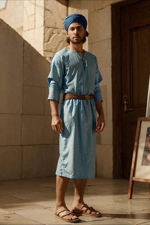 Image of a young Jewish man in clothes from the time of King David, wearing a tunic on the body and a turban on the head with sandals weighs us down a story in a YouTube video in Pixar format, he's Jonas,  personagem biblico