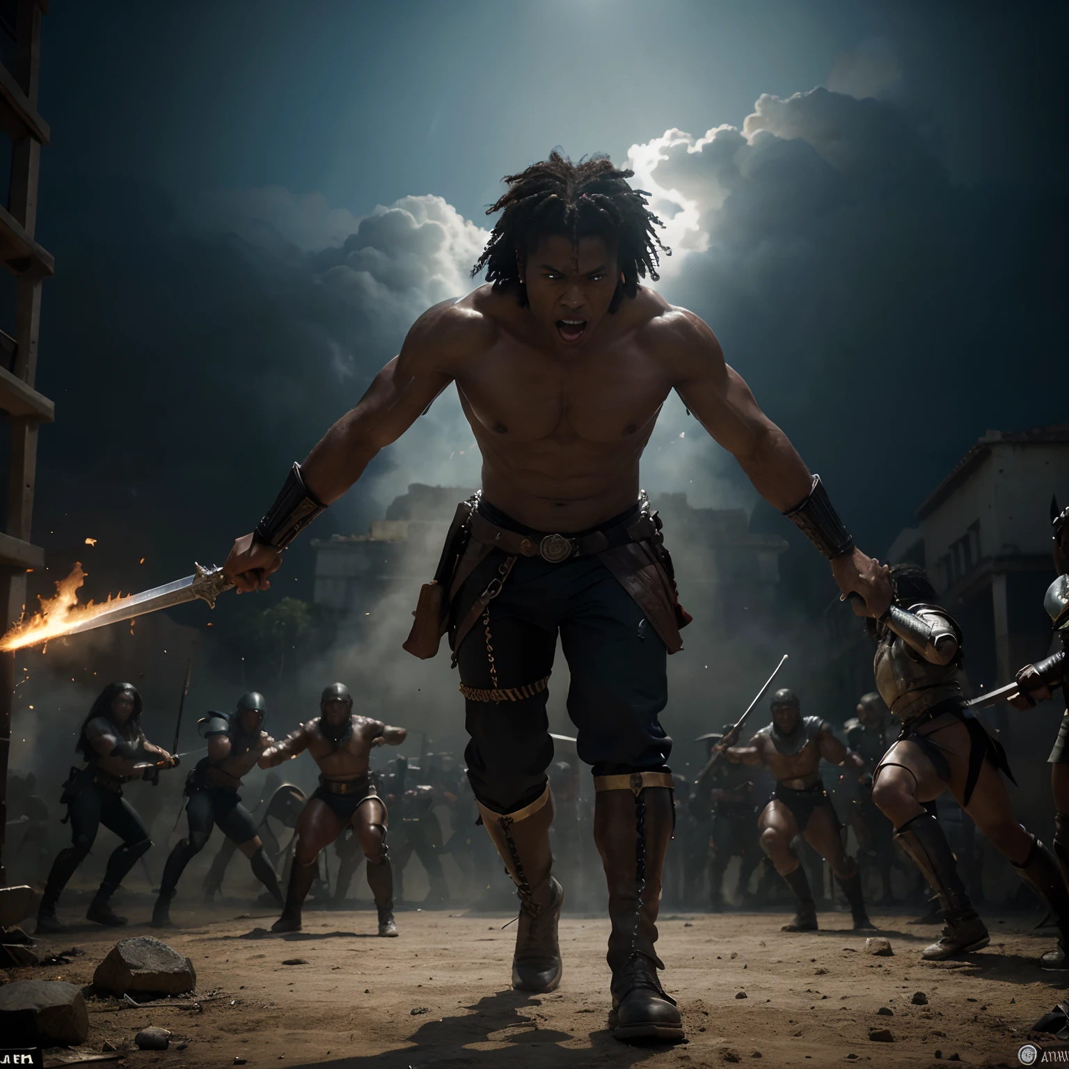 (Prompt sugerido: "Ultra-realistic battle scene inspired by the mythology of the orishas with black characters, vivid colors, Description of extreme details of the battle, Retrato, HDR, Physically-based rendering, studio lighting, cores vibrantes, dynamic action, poses de personagens poderosas, mystic atmosphere, arquitetura monumental, Epic Battle Formations, armaduras e armas intrincadas, intense facial expressions, Elementos Divinos, energia intensa, narrativa cativante")