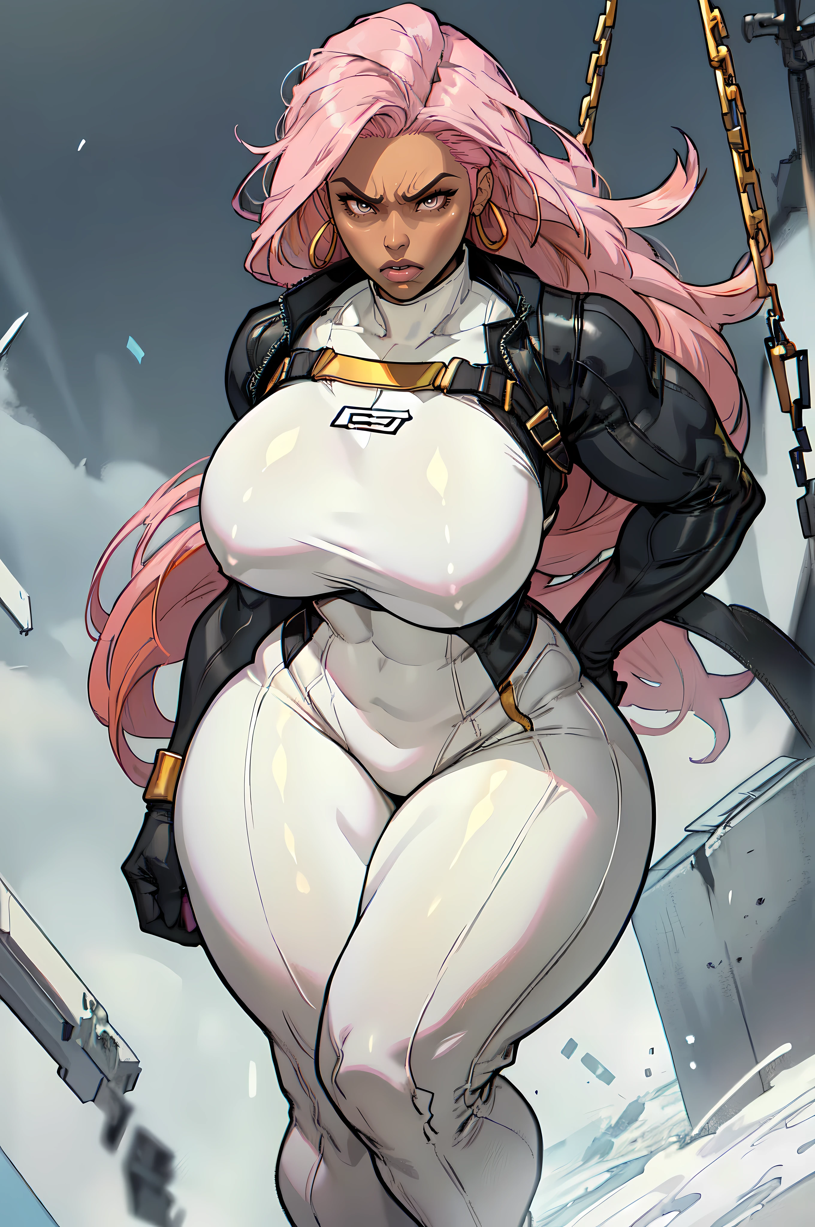 grey background, solo, 1 girl, (white and gold bodysuit), very long hair, pink hair, angry, brown eyes, earrings ((hanging breasts: 1.6)), ((thick thighs)), (full body), dark skin, storm from x-men