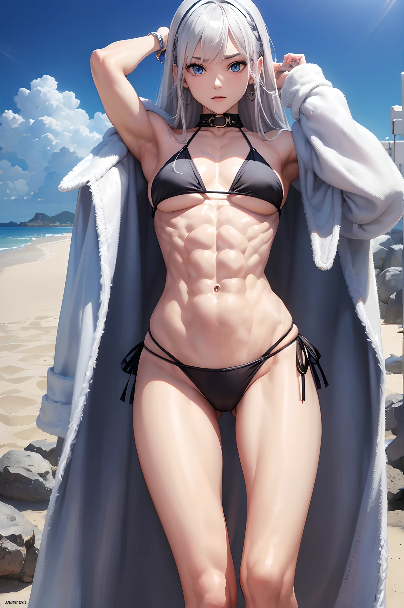 masterpiece, highest quality, silver hair, middle hair, black bikini, beach, (abs:1.6), (muscular:1.4), underarm, blue eyes, 18 years , small breasts