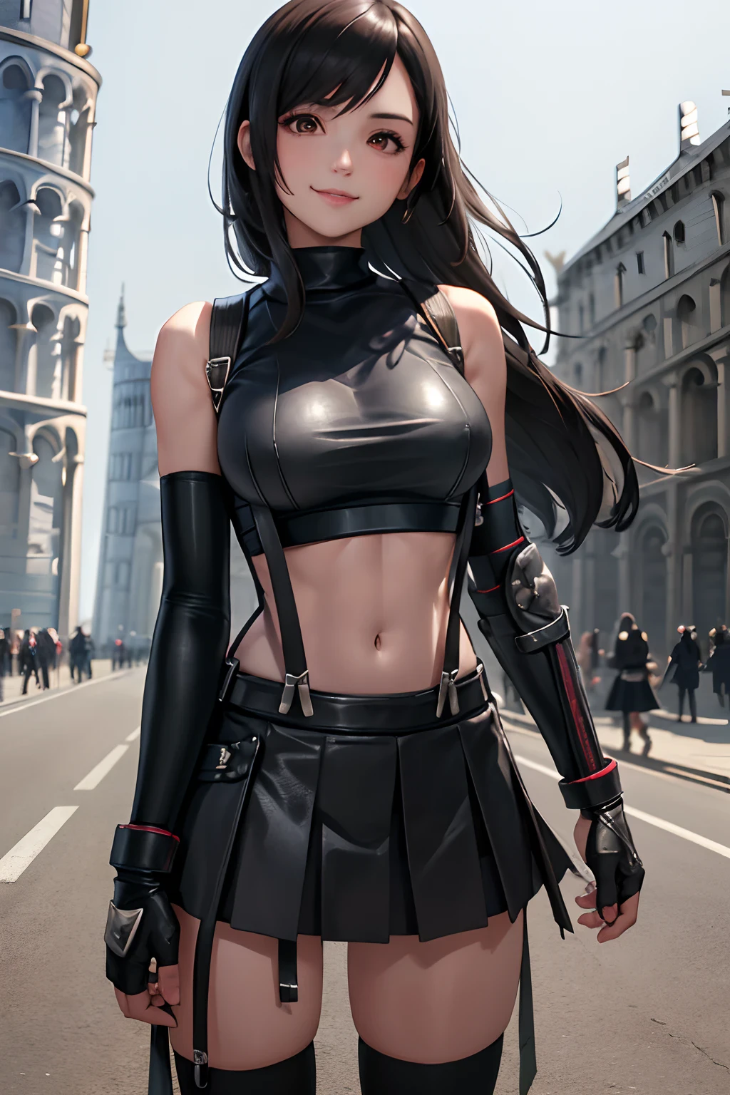 masterpiece, best quality, 7rtifa, crop top, arm guards, fingerless gloves, suspenders, pleated miniskirt, black thighhighs, upper body, standing, (leaning tower of pisa) in background, looking at viewer, smile