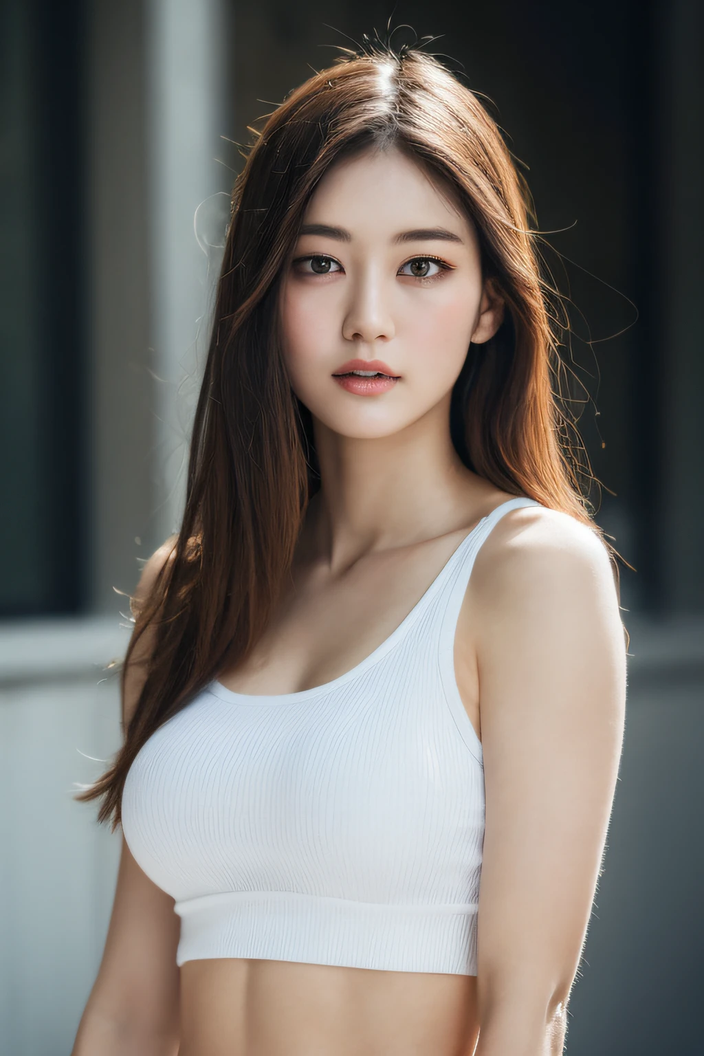 8K raw photo, Best quality, masterpiece, ultra high res, 3d, realistic, 1girl, asian, detailed eyes and face, lips, nose, ((enormous breasts, small head)), daylight, sunlight, (chiseled abs : 1.1), (perfect body : 1.1), (long hair : 1.2), full body shot, crowded street, wearing white tanktop, tight miniskirt, (extremely detailed CG 8k wallpaper), (an extremely delicate and beautiful), (masterpiece), (best quality:1.0), (ultra highres:1.0),  beautiful lighting ,perfect lightning, realistic shadows, [highres], detailed skin, ultra-detailed