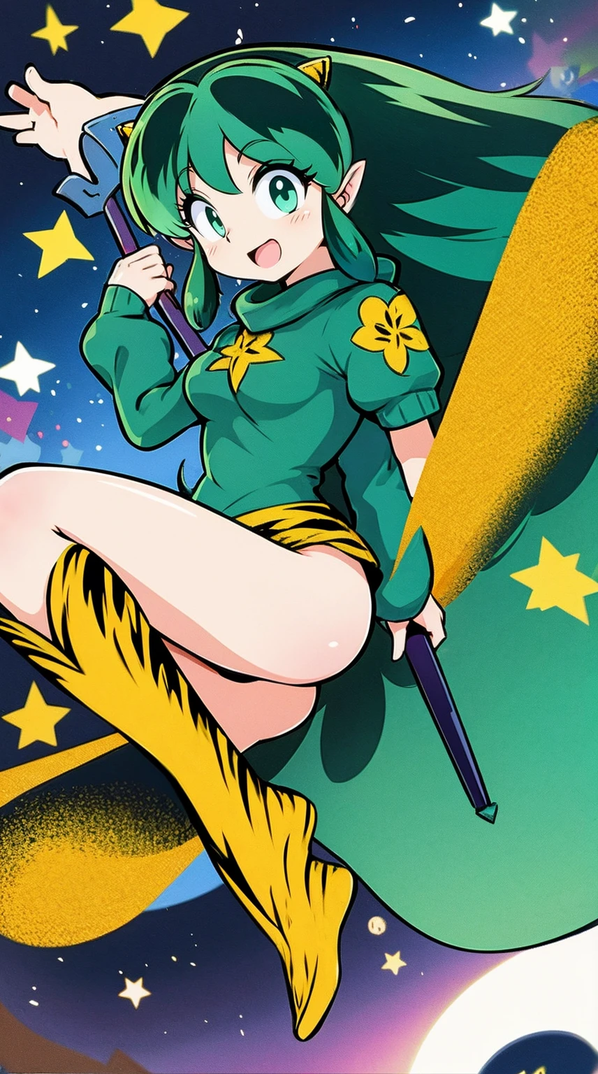 lum, , superhero costume, urusei yatsura, cloak, pants, pullover, lance holding, weapon holding