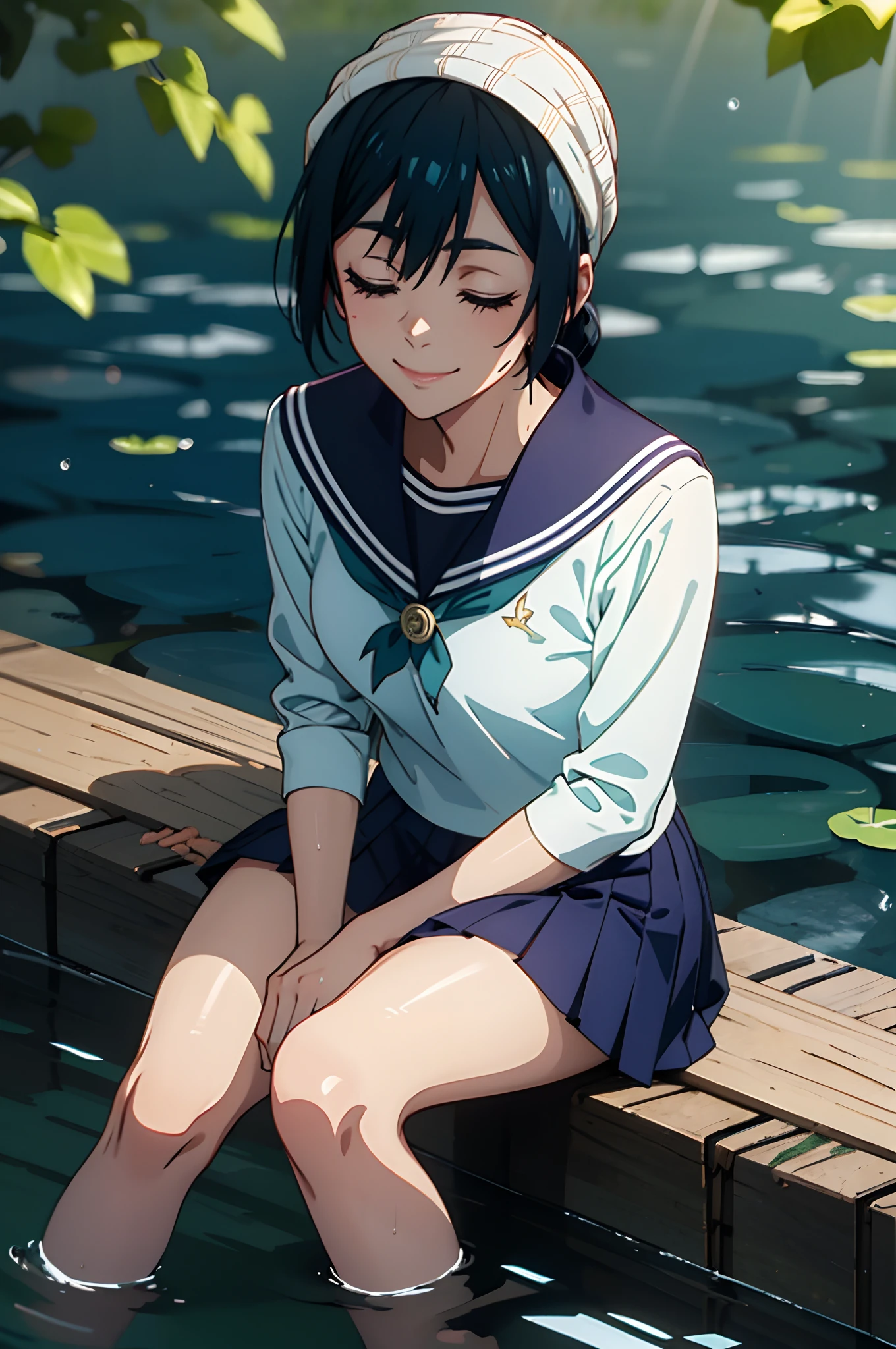 1girll, Sitting, View of the pond, llight rays, Particle, (the background is blurred), Dramatic Lighting, Wet, Dappled sunlight, Smile, Eyes closed, From  above, serafuku