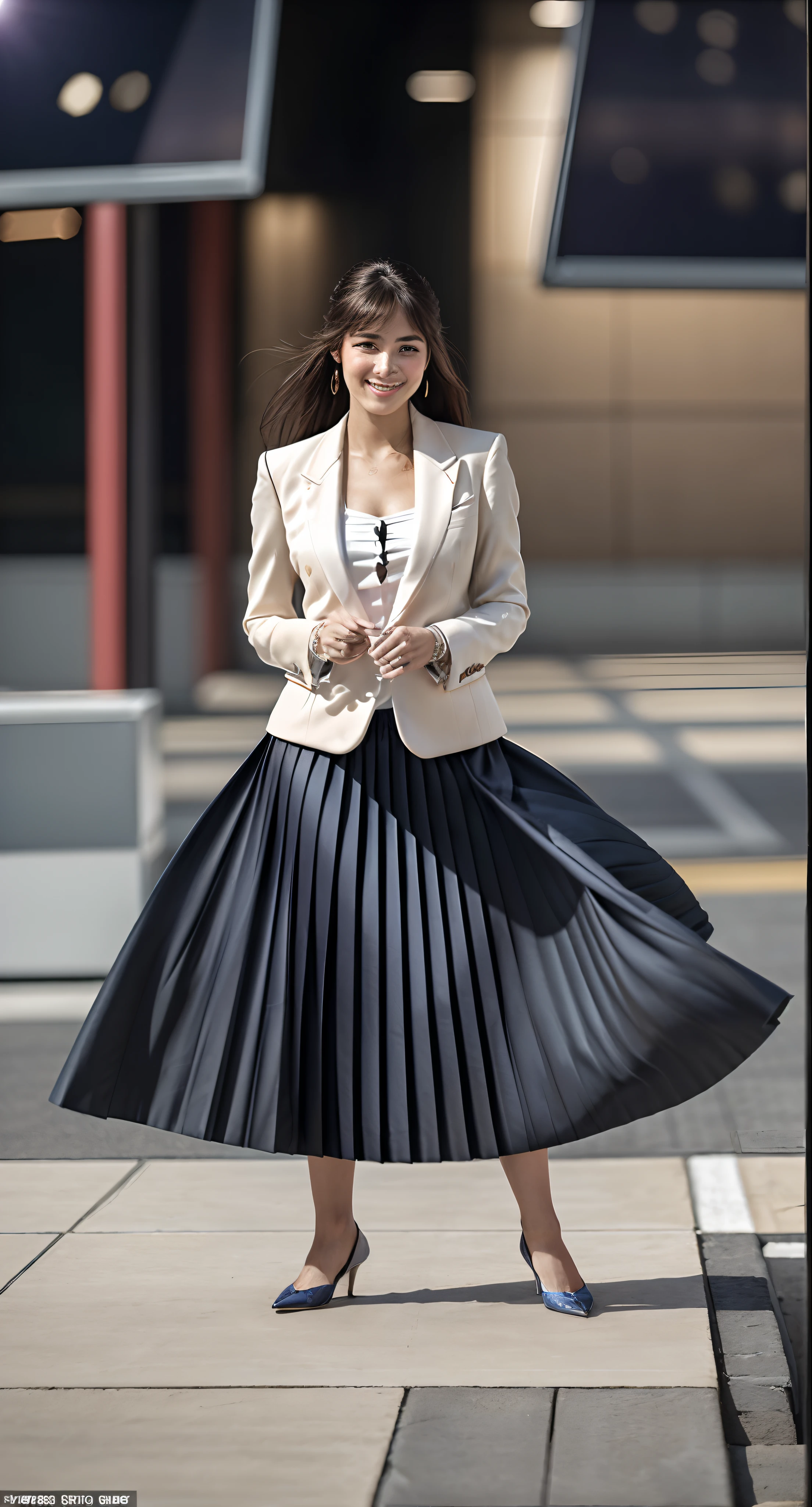 (shy:1,6) (smiling;1,1) flirty girly girl playing with skirt, dancing, wearing short blazer and very very detailed (long (fully pleated) full circle skirt) and (simple) low heeled office shoes, very very intricate hyper-detailed symmetric (attractive graceful young feminine face) with (sad, tired eyes and a shy smile), large breasts, full of empathy and compassion and love, (pronounced (feminine) features), (highly detailed ultra accurate realistic) hands and fingers, (windy conditions and wind blowing), epic composition, highly detailed attributes, highly detailed space station background, (35mm f1.4 Kodak portra 400 photograph), extremely high quality RAW photograph,