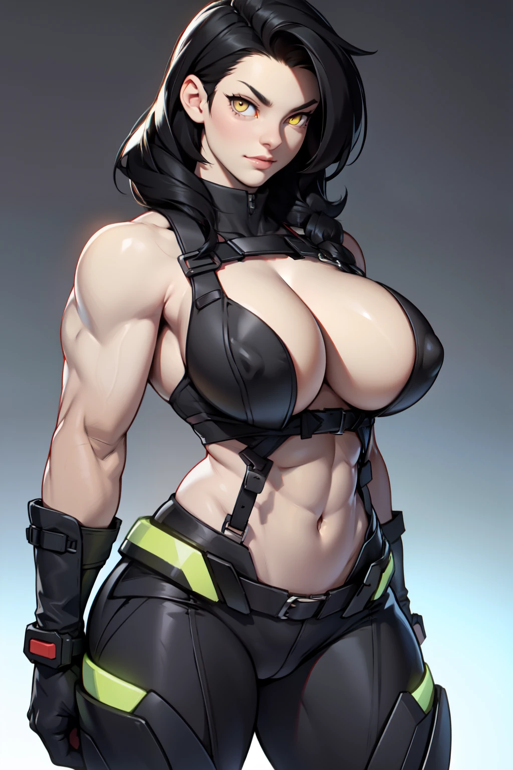 muscular girl huge breasts black hair yellow eyes pale skin