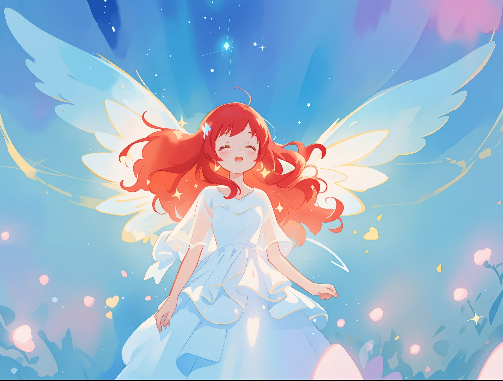 beautiful angel girl in sparkling white dress, layered sheer sparkling dress, (huge sparkling angel wings), glowing layered white ballgown, long red hair, watercolor illustration, disney art style, glowing aura around her, glowing lights, beautiful digital illustration, fantasia colorful background, beautiful, masterpiece, best quality, anime disney style, whimsical, magical, ethereal, angelic, cinematic lighting