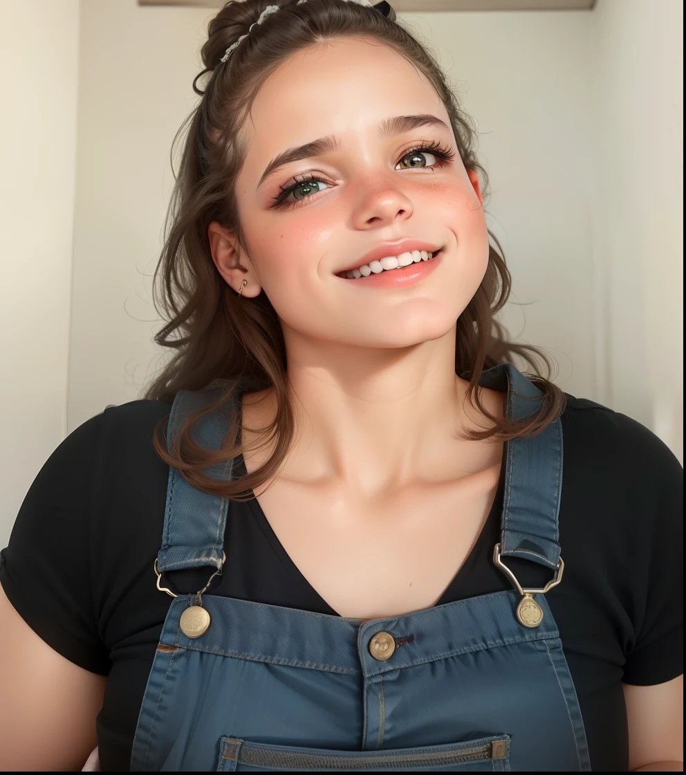 loira, olhos castanhos, jardineira jeans, delicada, infantil