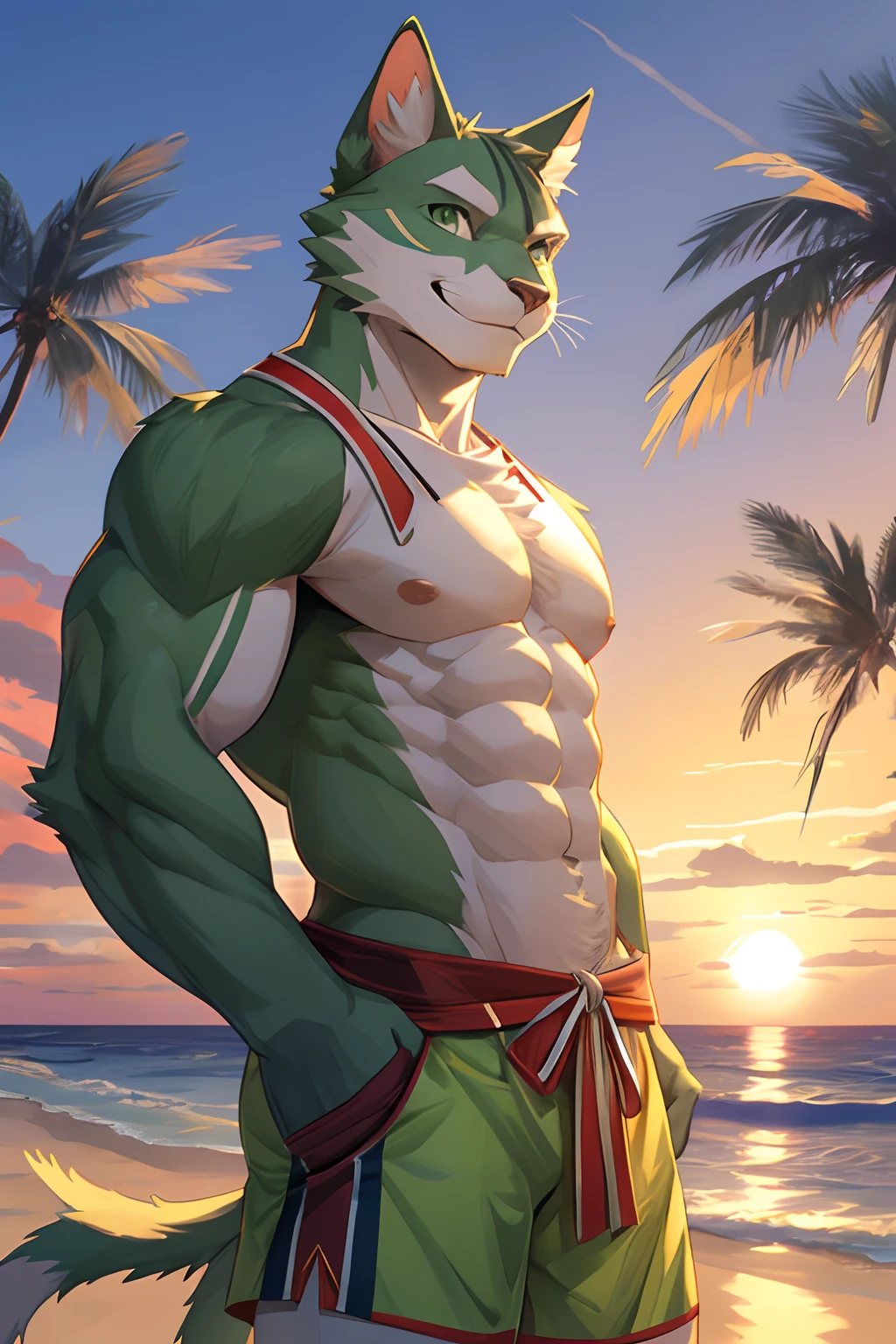 Masterpiece, Anthropomorphic Green Feline Cat, No Hair, Green Eyes, White Fur Strips, 3 Tails, Muscular Body, Good Looking, Beach Outfit, Smiling, Sunset View