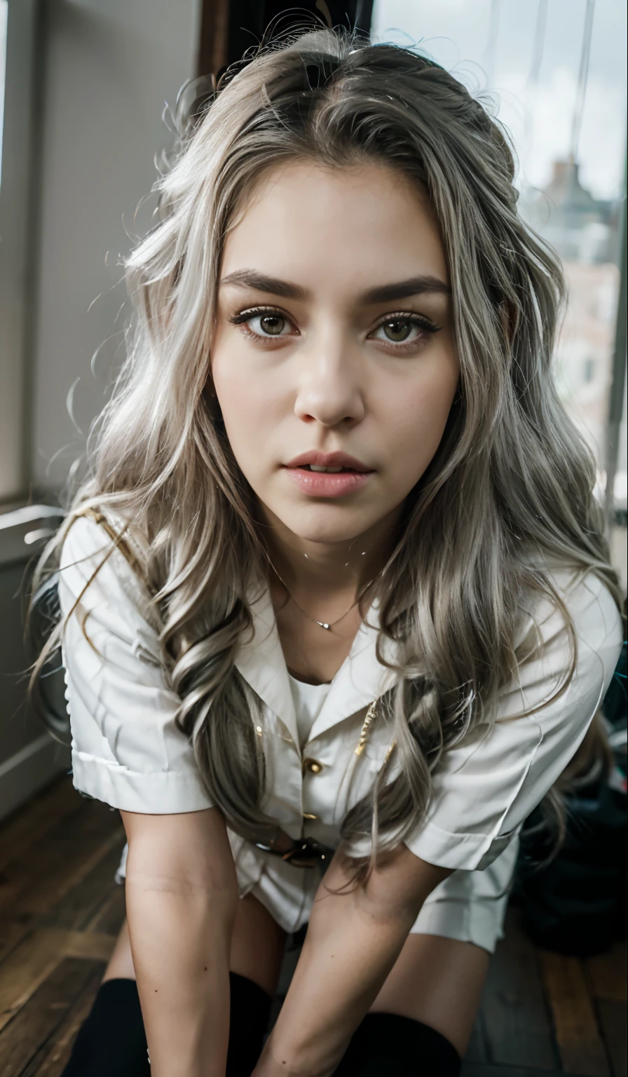 (street:1. Mature elven beauty,Standing on your feet,sailor suit), tmasterpiece, beste-Qualit, Photo in RAW format, Realistic, Incredibly ridiculous resolution,elven long ears, Ear studs,hair pin, (Long silvery-white flowing hair),eyeshadows,(sailor suit),耳环,Leg Ring,short skirt,(Black sports socks)(Black knee socks),Loafer shoes,Two Longer Legs,Depth of field, hight resolution, Ultra Detailed, filigree, RAWE is very detailed, highly detailed eyes and faces, Sharp pupils, Realistic pupil, Attach clear focus, Cinmatic Lighting,full bodyesbian,large tities,long leges,On the front side,banquet,Dynamic poses,Normal posture,close up face