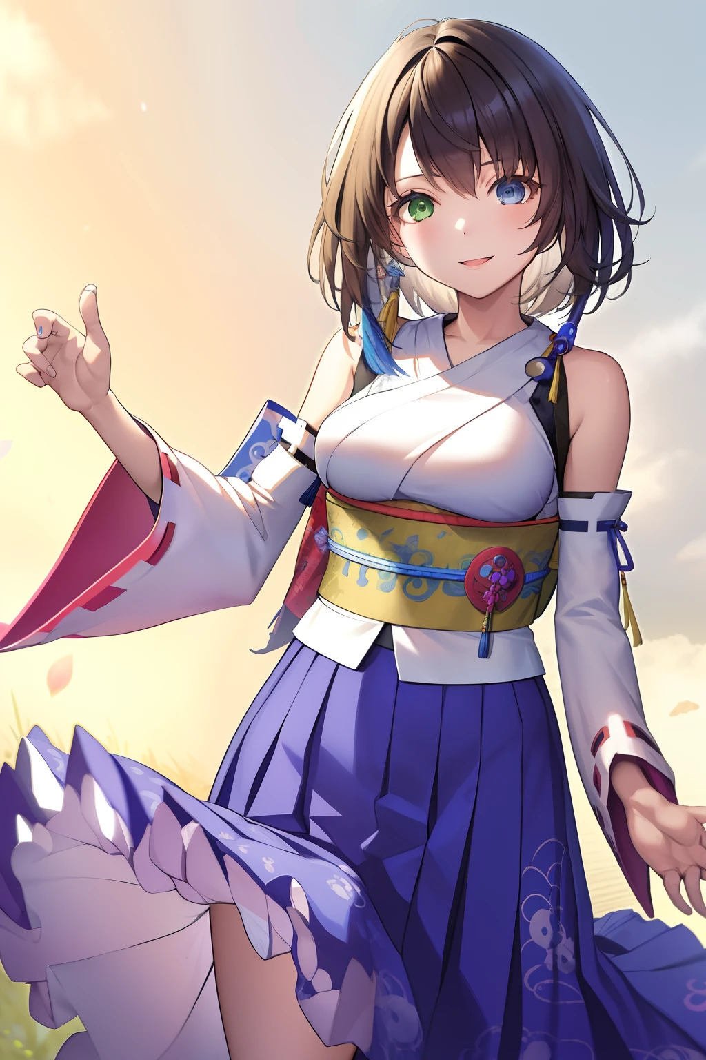 masutepiece, Best Quality, absurderes, Perfect Anatomy, 1girl in, Solo, YunaFFX, Heterochromia, Short hair, YunaOutfit, Hair Ornament, Detached sleeves, Hakama, sash, Hakama skirt, Long skirt, Cowboy Shot, Smile