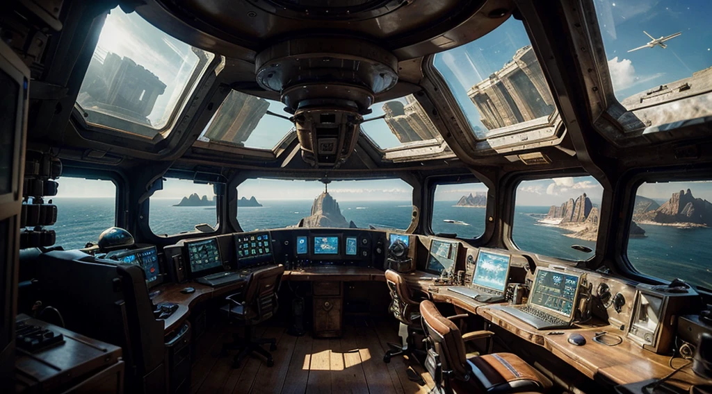 Exterior steampunk de una nave espacial. Through the windows you can see the landscape of an alien planet, The entire space is filled with work consoles with electronic devices and screens, Full HD