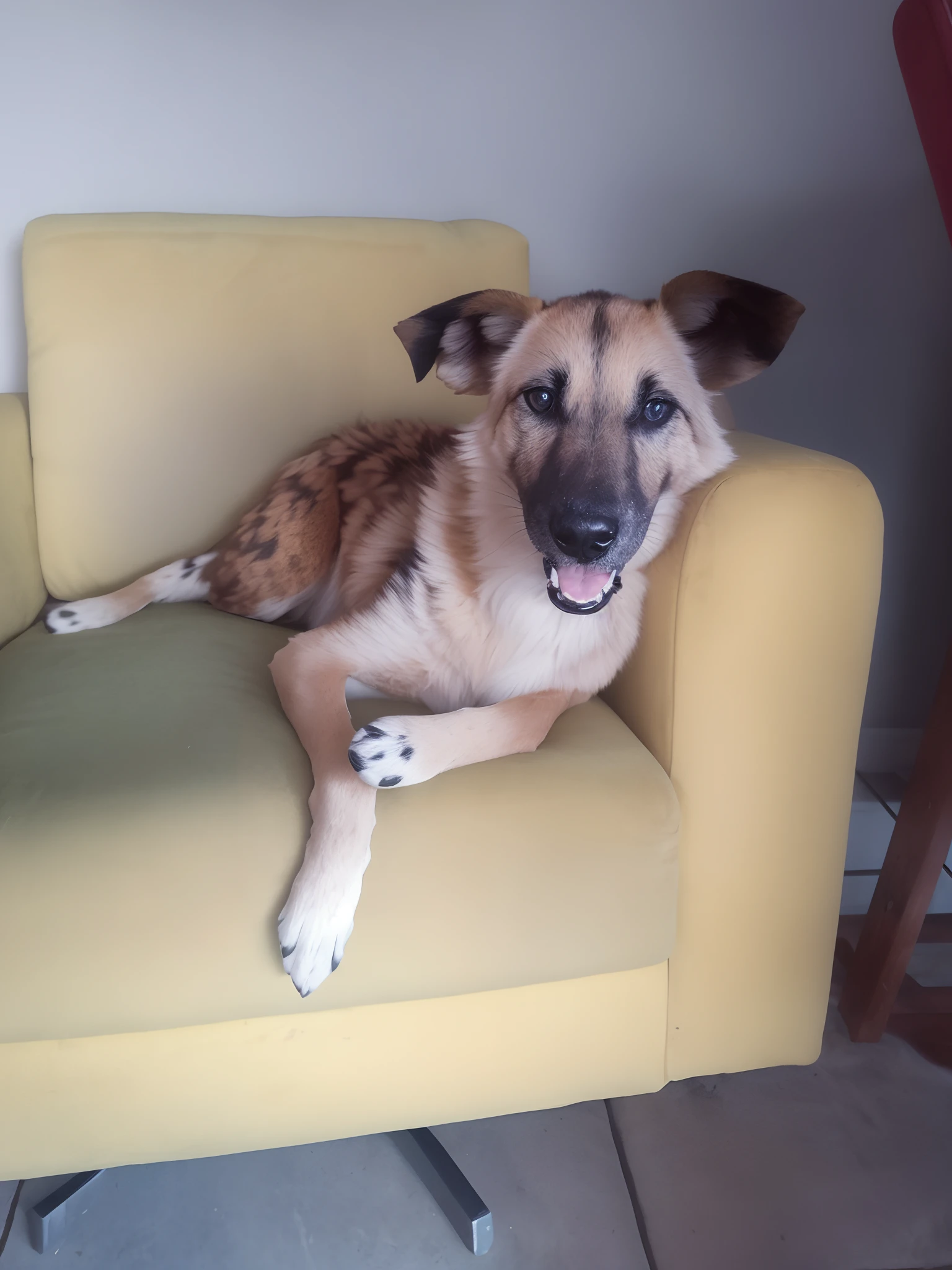There is a dog that is sitting on a yellow chair, sitting on couch, peludo bonito precisa de sua ajuda, relaxing and smiling at camera, at the sitting couch, sitting on couch, sitting on the couch, Enevoado, seated in a couch, sitting on a couch, an african wild dog sitting up!, taken with sony a7r camera