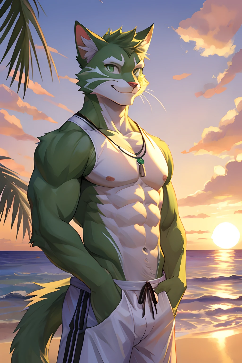 Masterpiece, Anthropomorphic Green Feline Cat, No Hair, Green Eyes, White Fur Strips, 3 Tails, Muscular Body, Good Looking, Beach Outfit, Smiling, Sunset View