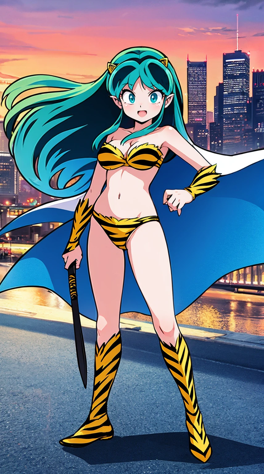 lum, , superhero costume, urusei yatsura, cloak, pants, pullover, lance holding, weapon holding, standing, sharpteeth, city background