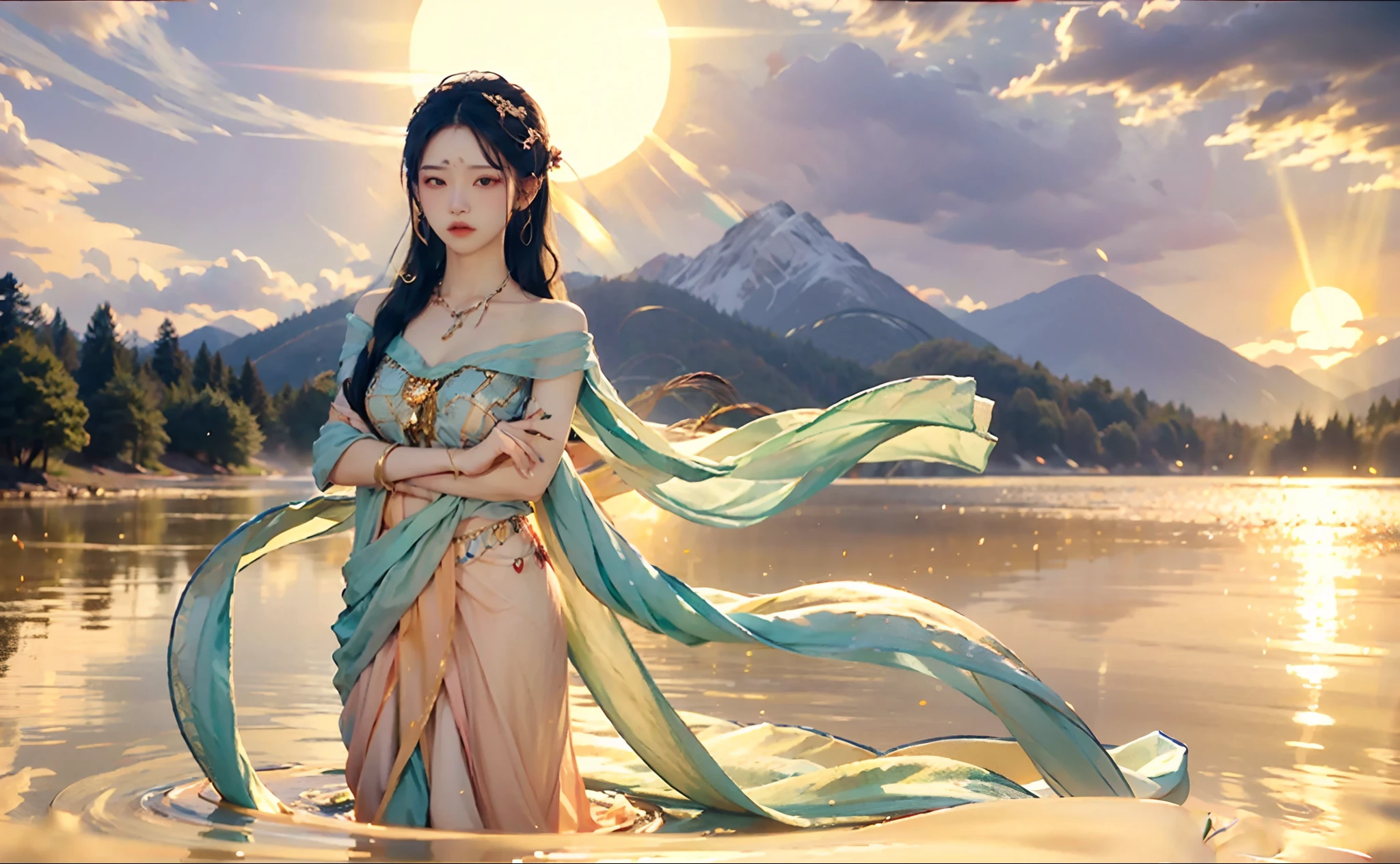 1 girl, serene expression, mesmerizing eyes, straight long hair, flowing dress, poised posture, porcelain skin, subtle blush, crystal pendant
BREAK
golden hour, (rim lighting):1.2, warm tones, sun flare, soft shadows, vibrant colors, painterly effect, dreamy atmosphere
BREAK
scenic lake, distant mountains, willow tree, calm water, reflection, sunlit clouds, peaceful ambiance, idyllic sunset, ultra detailed, official art, unity 8k wallpaper
, zentangle, mandala