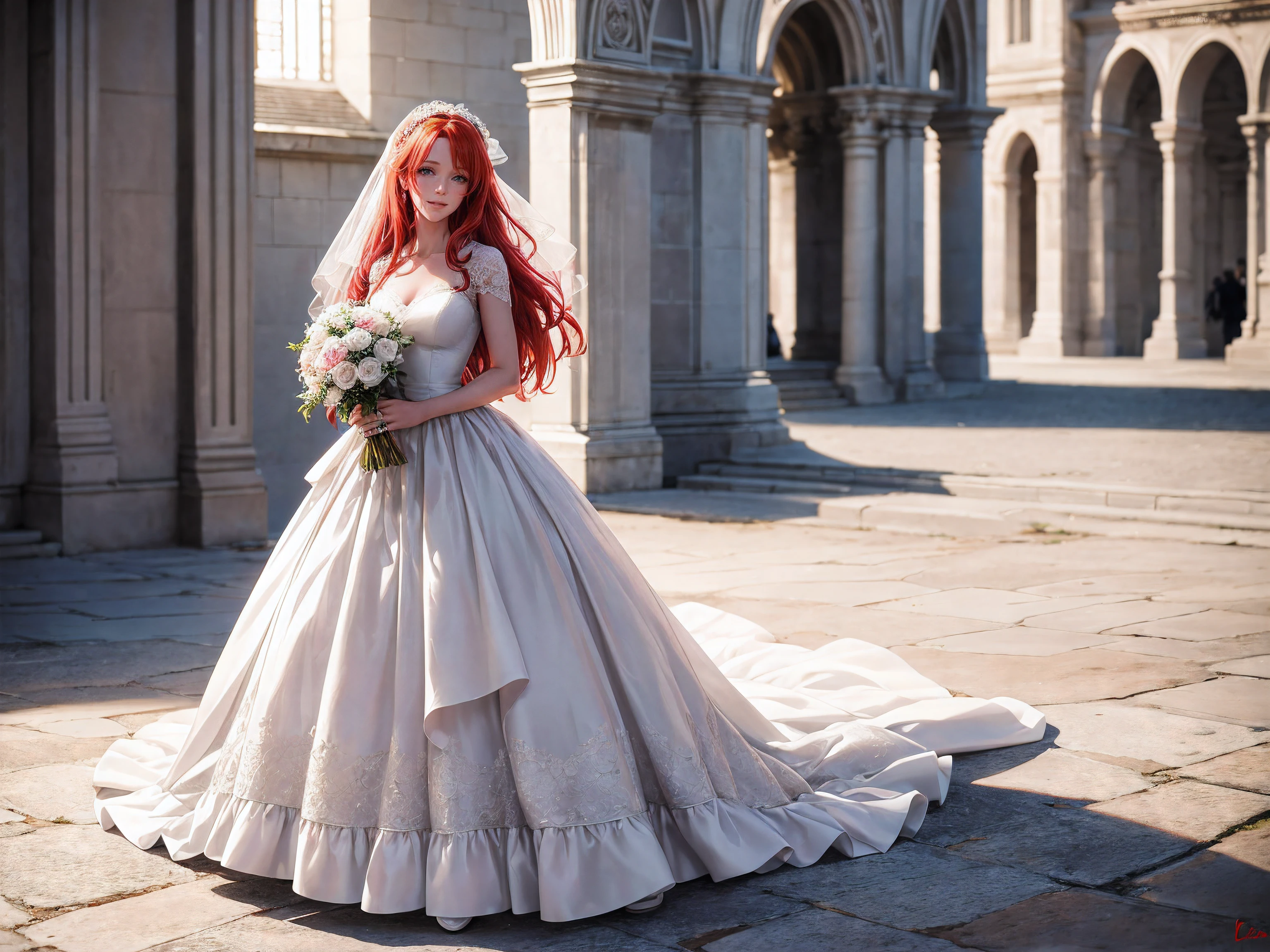 (full body shot editorial photo of 27 yo woman, red hair, slim French sweetheart), wearing a wedding dress, holding flowers, looking really happy, Blurred background in the grounds outside a church, high quality, good lighting, f1.2, Canon 85mm, perfect, detailed dress, white wedding dress, detailed sticking.