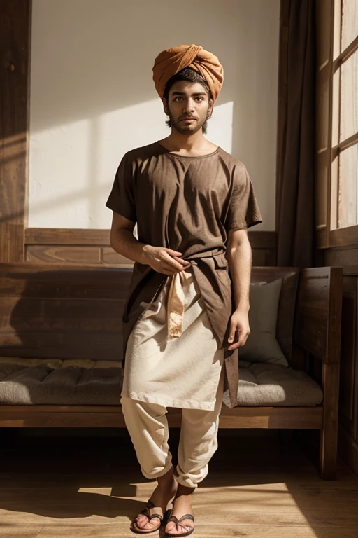 Image of a young Jewish man in clothes from the time of King David, wearing a light brown tunic on the body and a turban on the head with sandals on the feet for a story in a YouTube video in Pixar format, he's Jonas, personagem biblico, com os joelhos dobrados, orando, cabeca inclinada