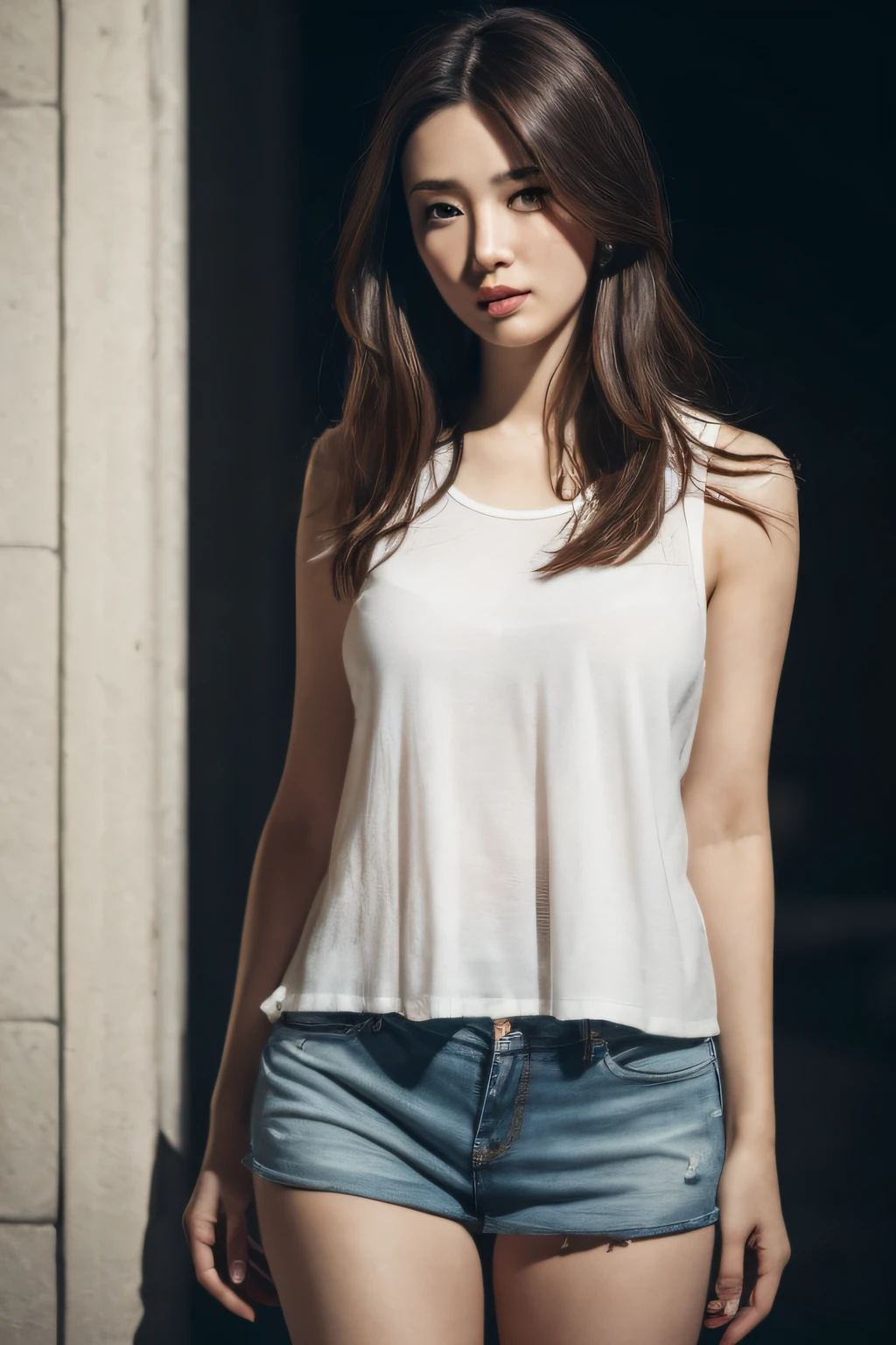 8K raw photo, Best quality, masterpiece, ultra high res, 3d, realistic, from below, 1girl, asian, detailed eyes and face, lips, nose, ((beautiful legs, enormous breasts, small head, thigh gap)), daylight, sunlight, (chiseled abs:1.1), (perfect body:1.1), (long hair : 1.2), full body shot, crowded street, wearing white tanktop, tight miniskirt, (extremely detailed CG 8k wallpaper), (an extremely delicate and beautiful), beautiful lighting ,perfect lightning, realistic shadows, [highres], detailed skin, ultra-detailed