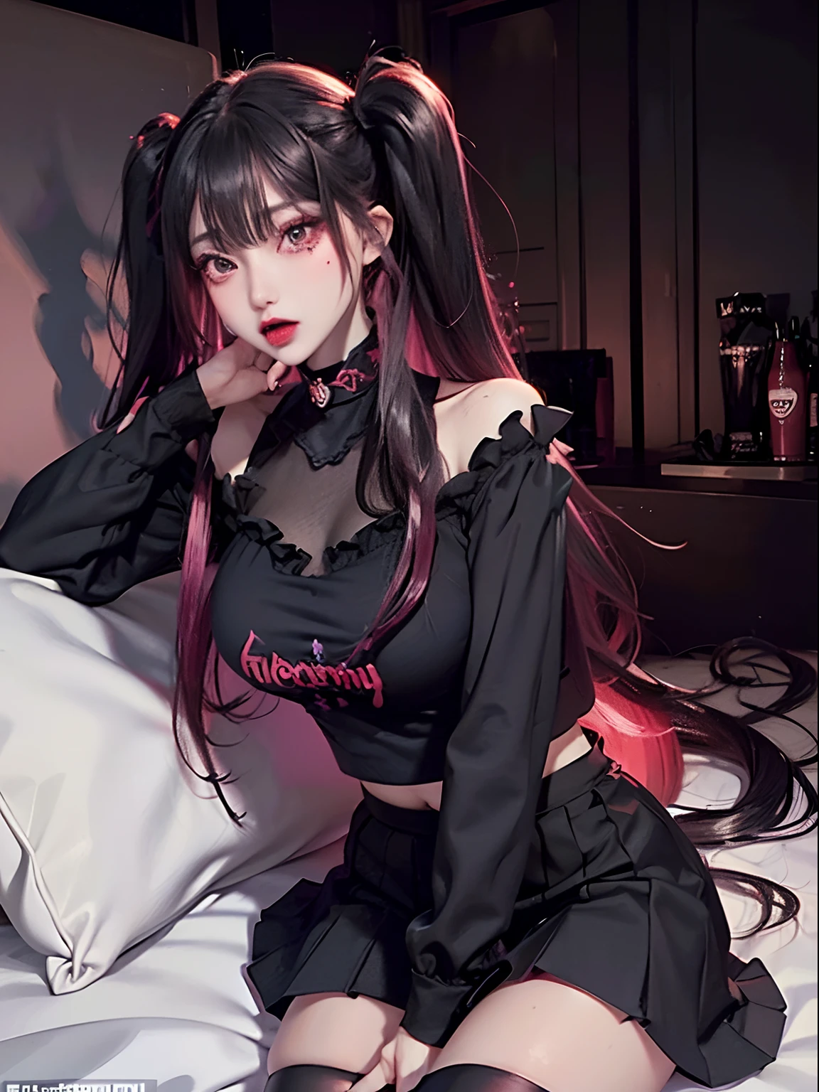 Lustful Girl, gothic dress, Estrus girl, , Twin-tailed, Shirt, Thigh strap, Bag, Long sleeves, Black shirt、skirt rift。White underwear、Sheer underwear、At the hotel、night landscape、on the bed、NSFW, oral sex,POV , Paizuri, (((Screaming、Intense Sex、Sweat、Vulgar laughter、Vulgar appearance、Black hair Long hair、twin-tail hair、Red Glitter Eyeliner、Red Eye Shadow、heavy make up、make up、Fluorescent pink lipstick、makeup)))、Black Long Hair, Twin-tailed、Girl straddling a man、bending forward、((Angle from below))、Girl pushing a man down、cowboy shot