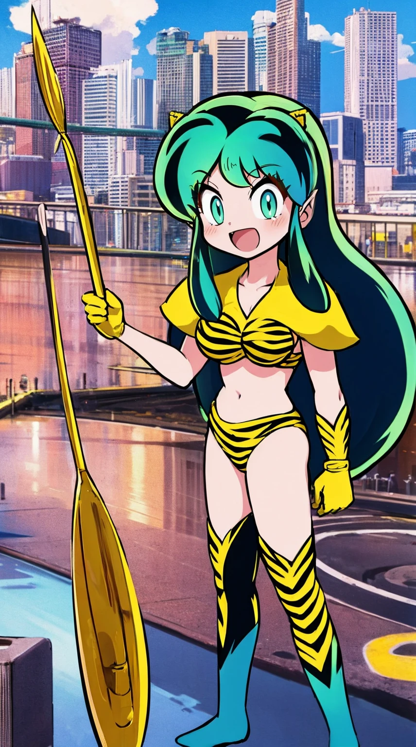 lum, , superhero costume, urusei yatsura, cloak, pants, pullover, lance holding, weapon holding, standing, sharpteeth, city background, refsheet