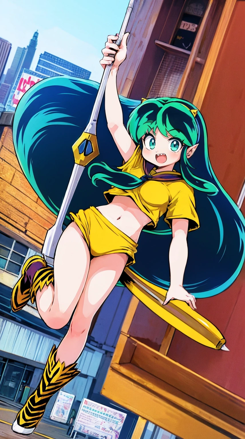 lum, , superhero costume, urusei yatsura, cloak, pants, pullover, lance holding, weapon holding, standing, sharpteeth, city background, refsheet